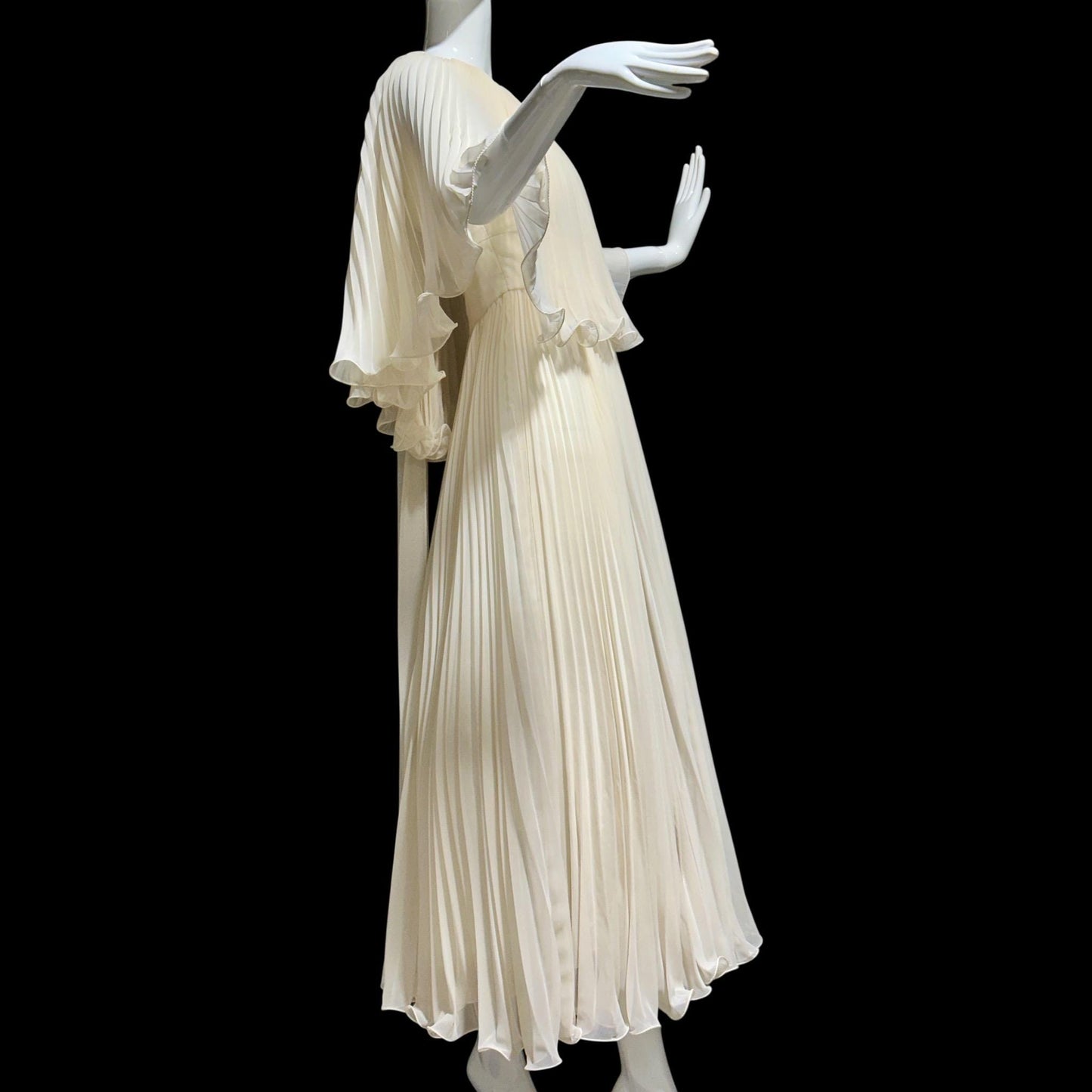 1960s vintage evening dress gown, almond white lace pleated dress, ruffled cape collar