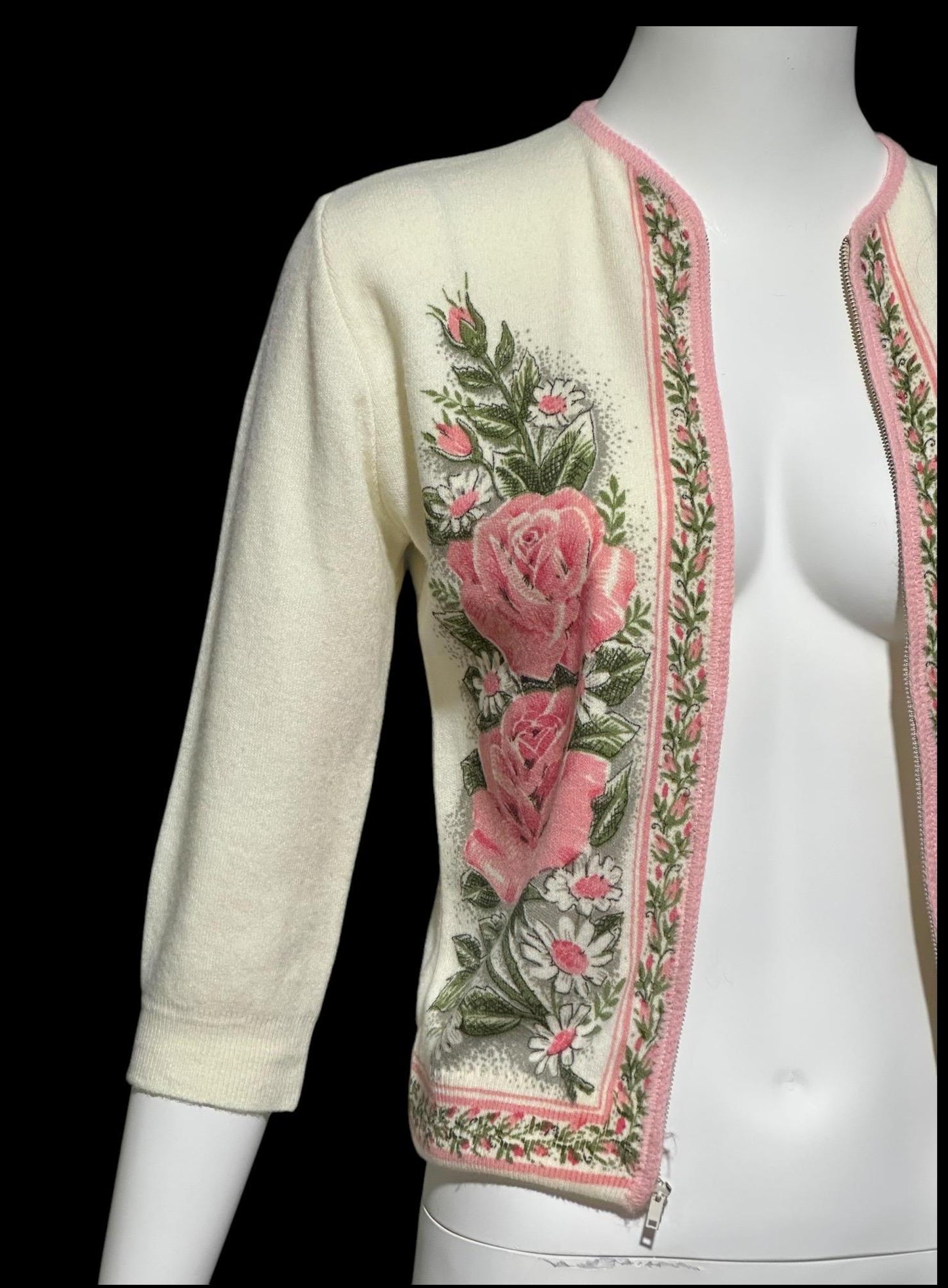 BERNICE CREATIONS, vintage 1950s cardigan, cream and pink rose print acrylic zip front sweater