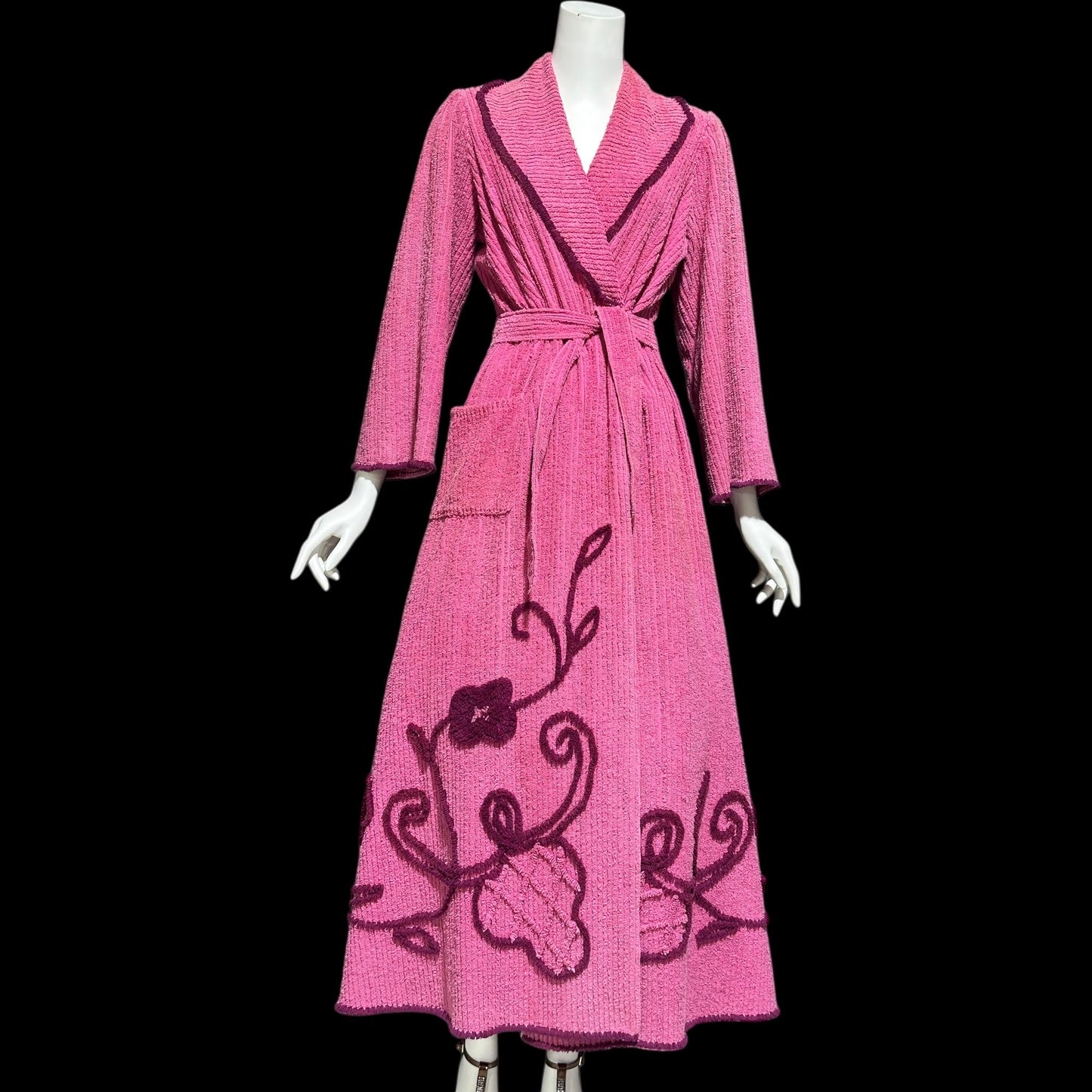 1940s vintage dressing gown robe, Raspberry Pink cotton chenille wrap front housecoat, full length hostess dress, Embroidered