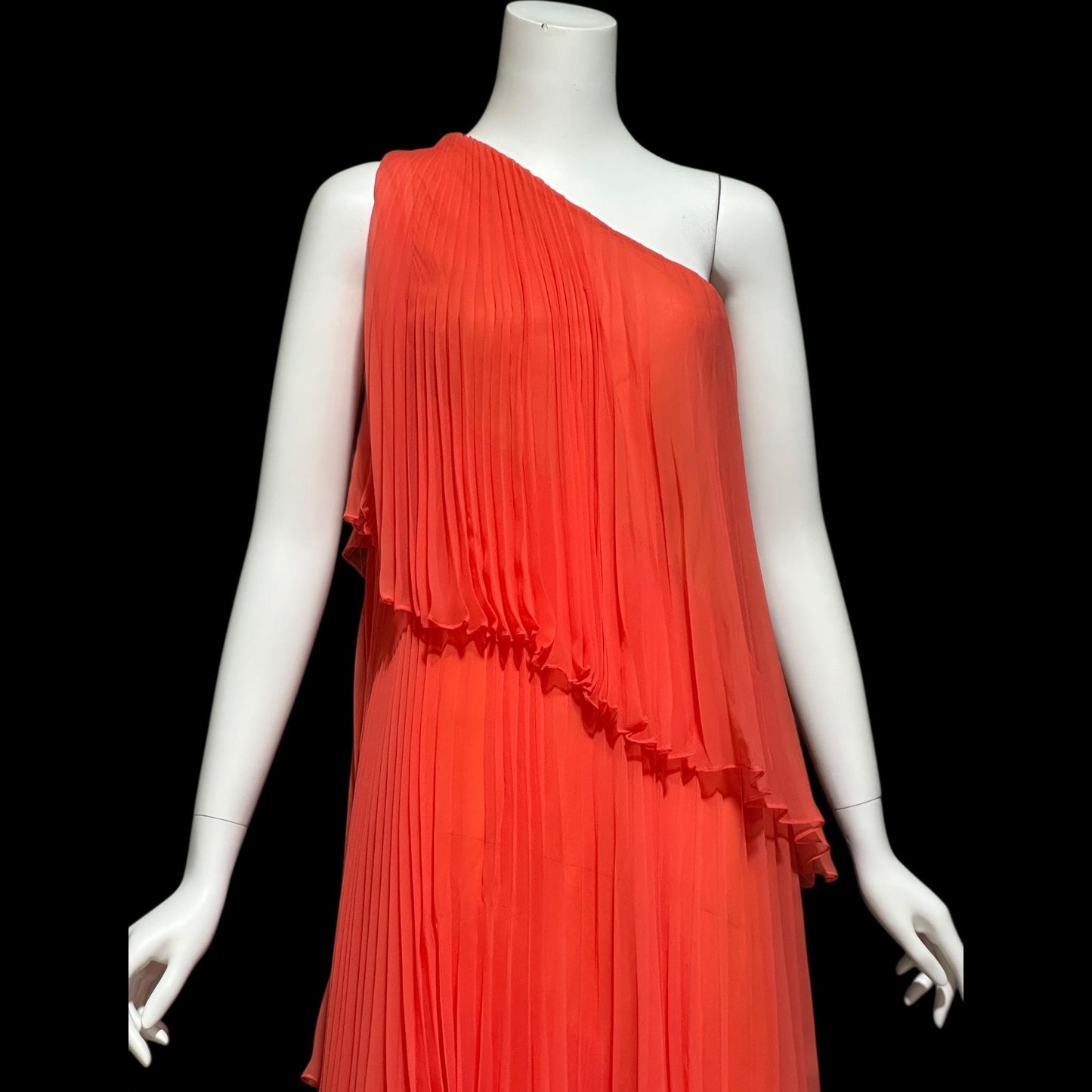 ESTEVEZ Vintage 1970s evening dress gown, Orange One Shoulder Pleated Chiffon full length gown