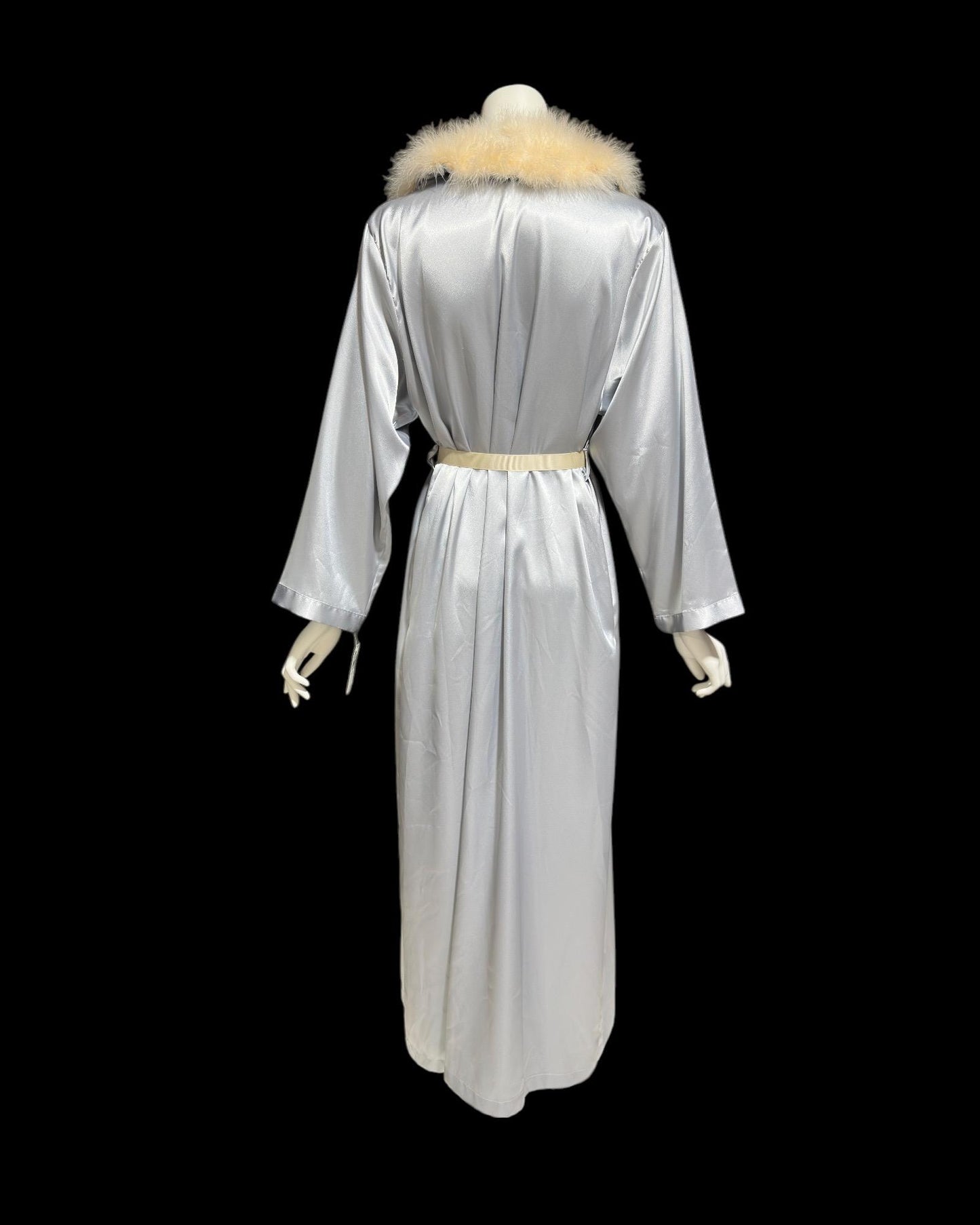 NATORI vintage 1980s dressing gown robe, shiny silver grey marabou feather trim peignoir housecoat