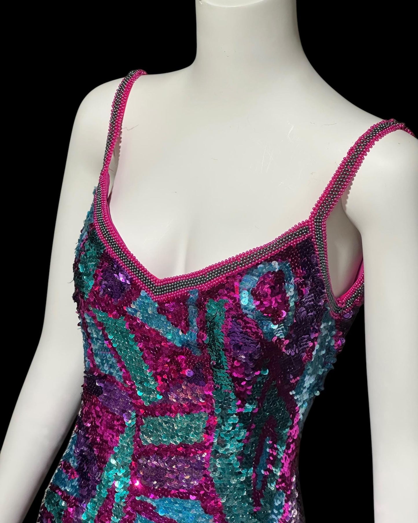 ALYCE vintage 1990s slip dress, sequin cocktail mini dress, Hot Pink jewel tone sequin