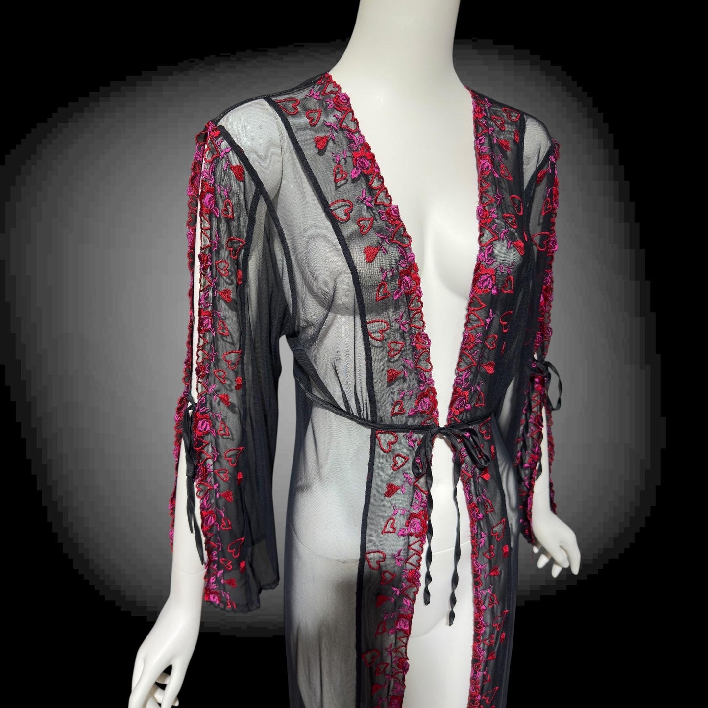 JACALYN BENNETT, Vintage 1990s lace mesh robe, FREDERICK'S of Hollywood, sheer black mesh dressing gown