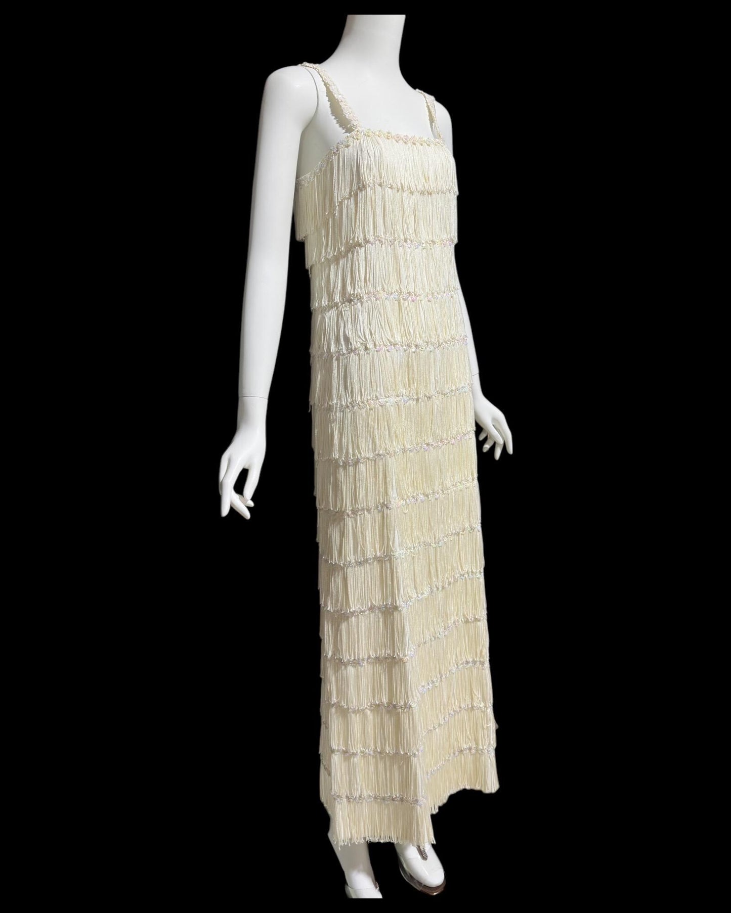 1960s vintage white fringed evening dress gown, column dress with sequins