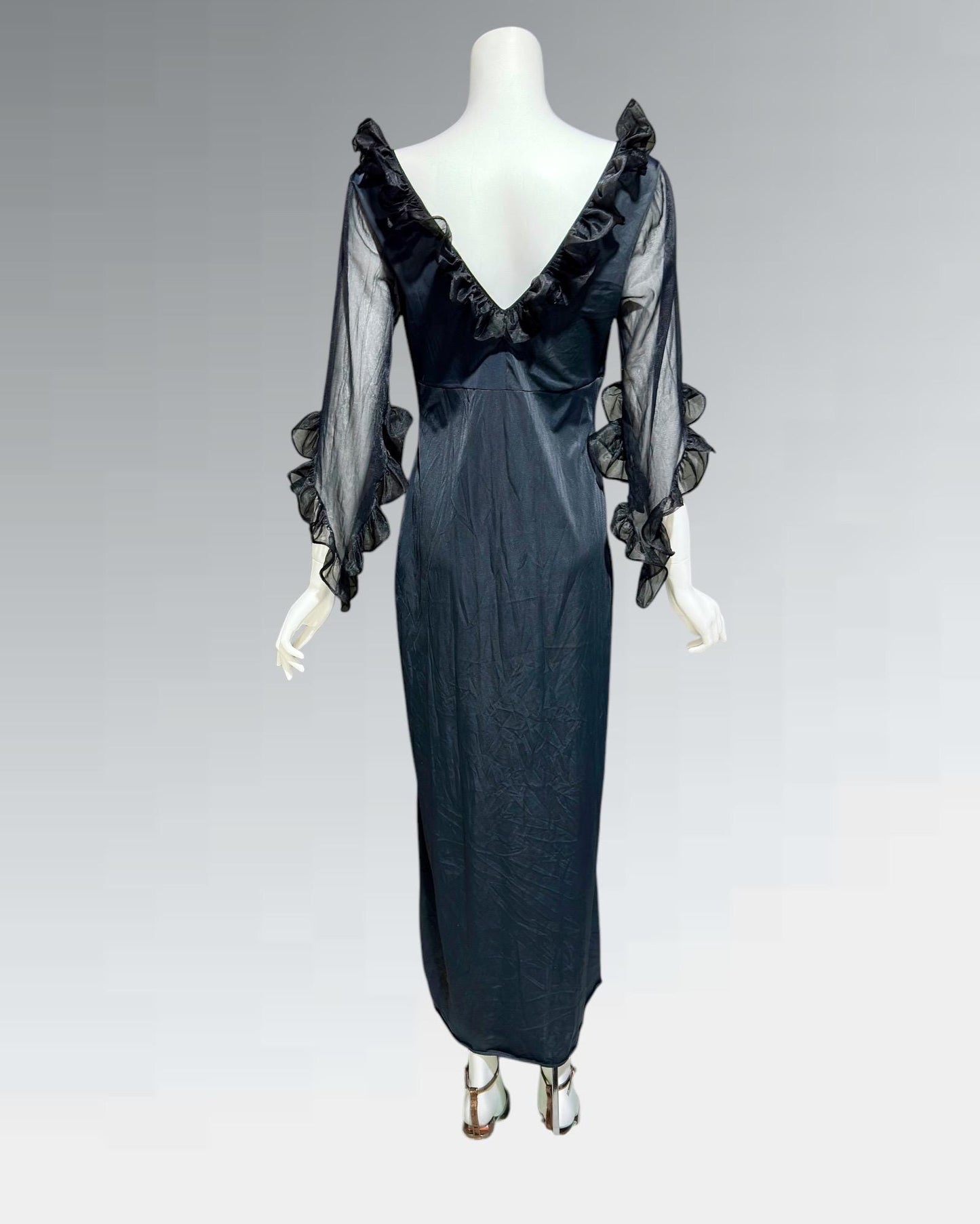 GLYDONS, vintage 1970s nightgown dress, Black sheer see through vampy house dress