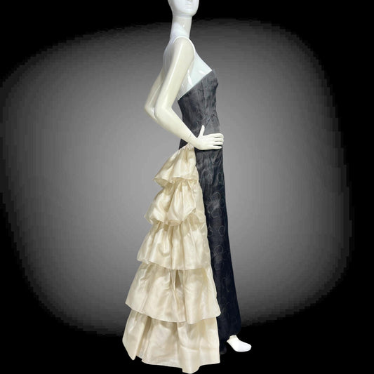 ARNOLD SCAASI vintage 1960s evening gown dress, black and white silk cascading ruffle gown