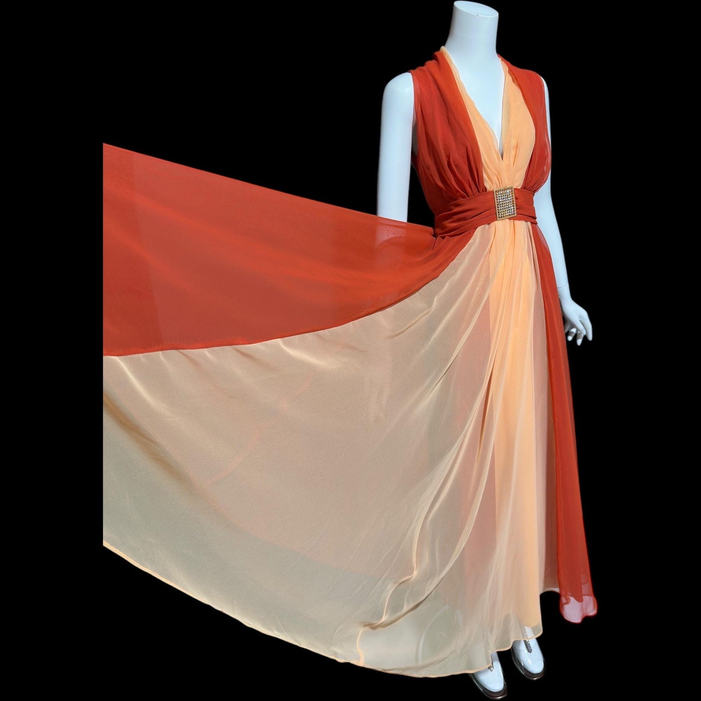 EMMA DOMB, vintage 1970s evening dress, rust and peach chiffon gown