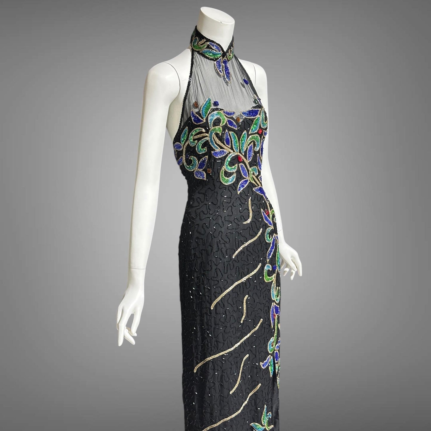 J REYNOLDS DESIGNS, vintage 1990s evening dress, Deadstock Black Beaded Halter Party slip dress