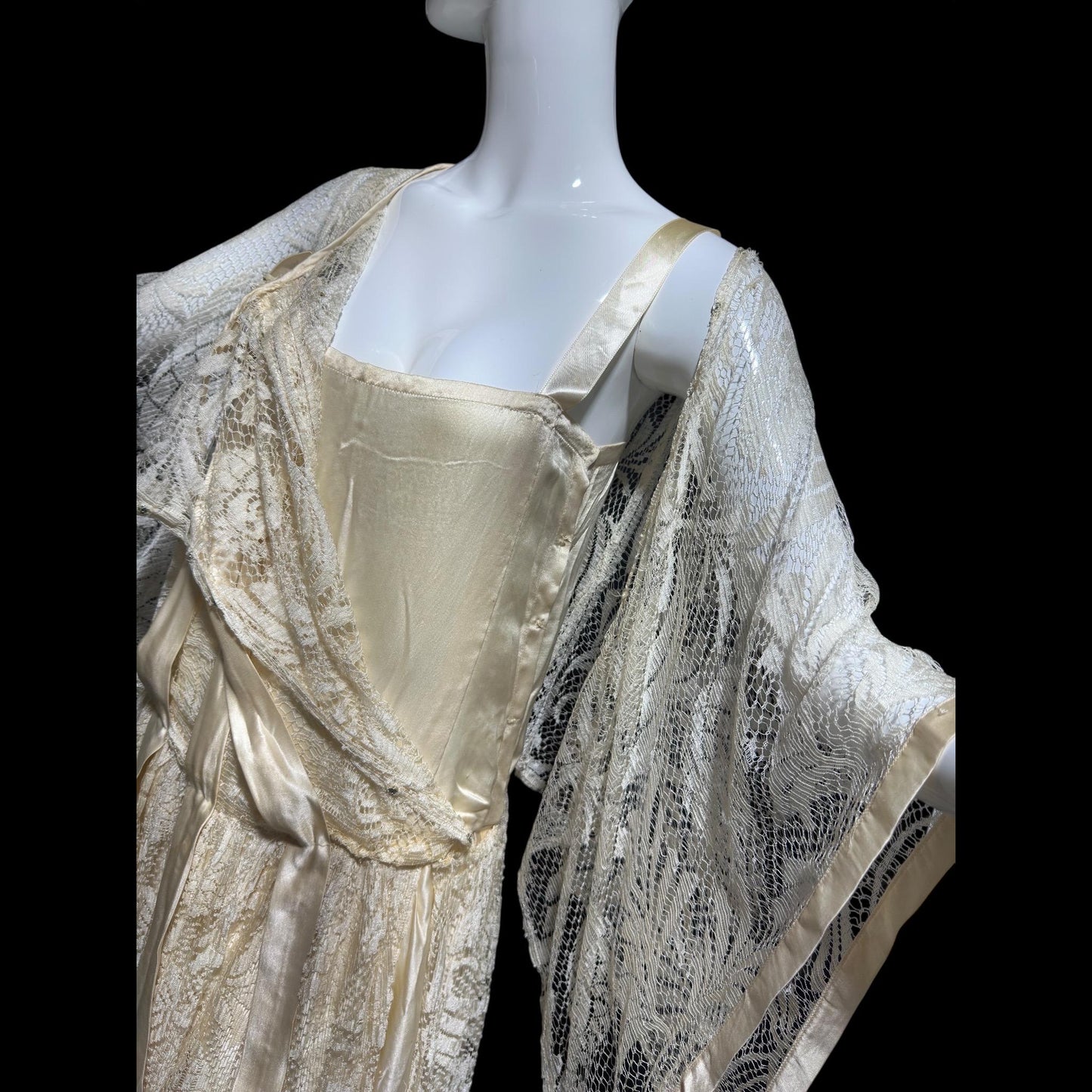 1920s Antique vintage wedding dress, Handmade candlelight white silk and lace slip dress with scarf sleeves, bridal flapper dress