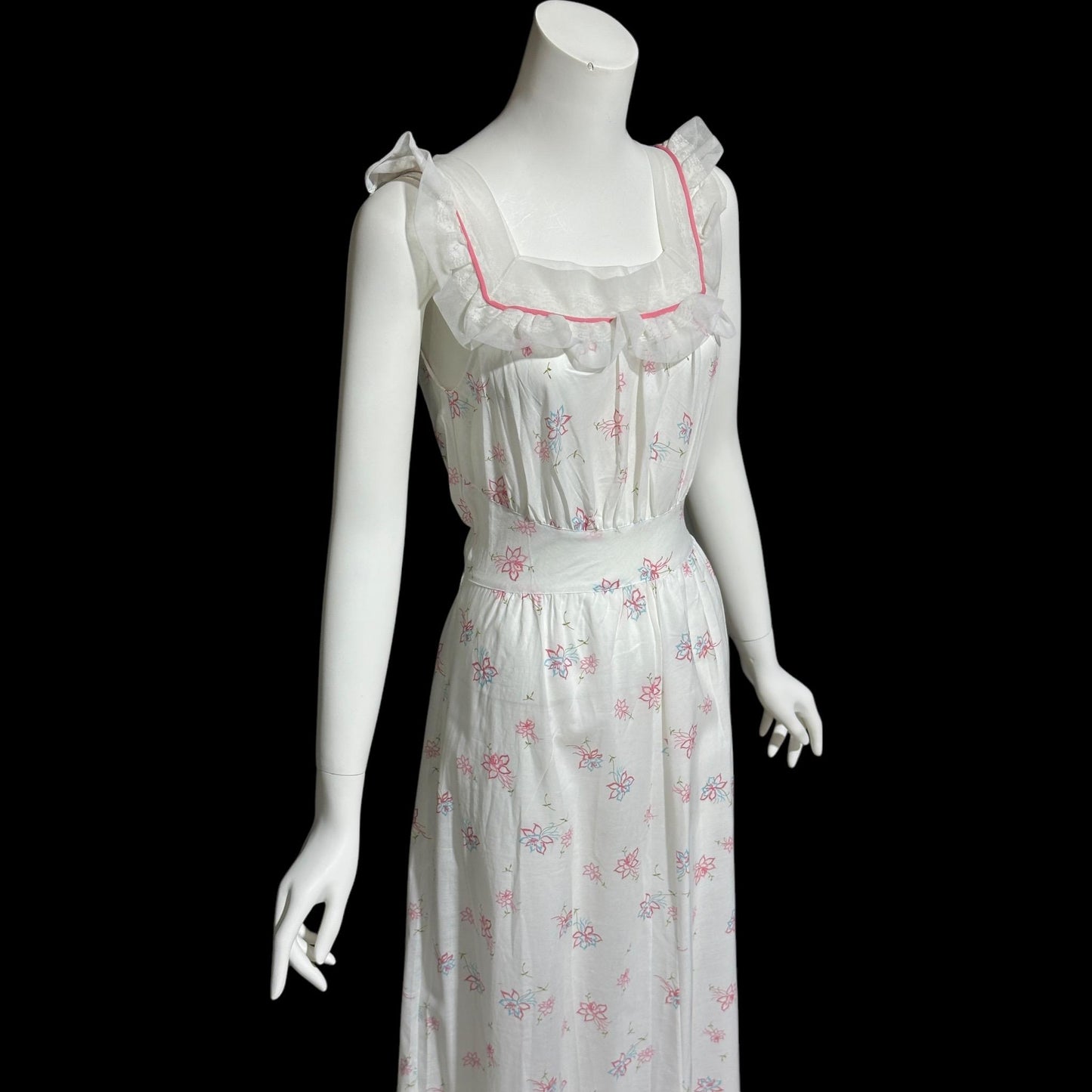 PHIL-MAID, vintage 1940s nightgown, pink blue white floral cone-bell combed cotton house dress, New Old stock
