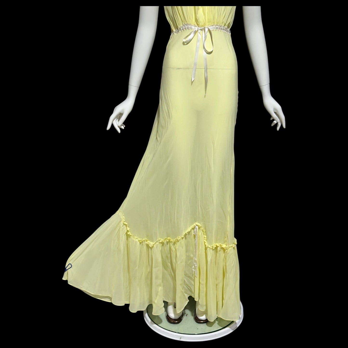 VELMA, vintage 1940s nightgown, butter yellow bias cut rayon slip dress, full length ruffle bottom, cap sleeves