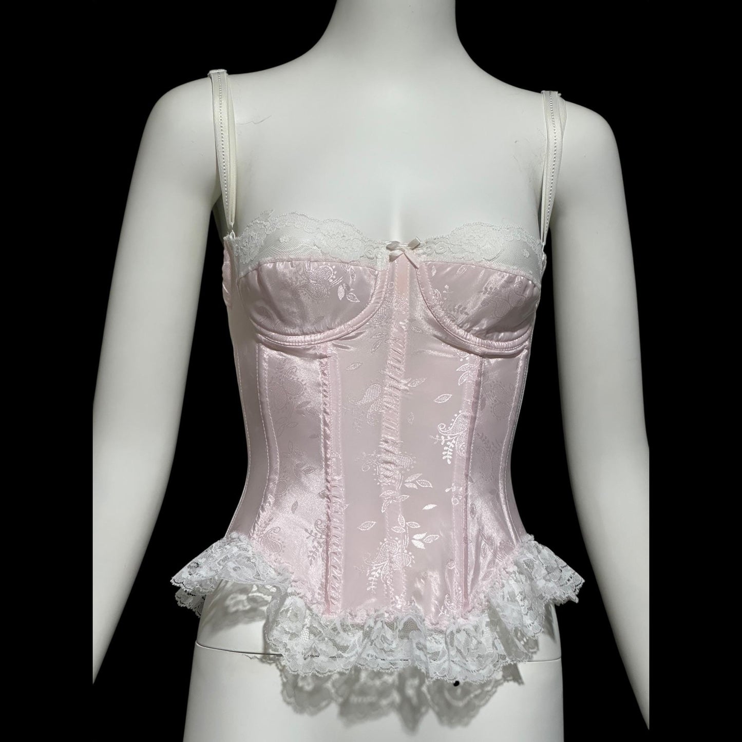 SABRINA, Vintage 1970s pink satin bustier, pink embossed satin with white lace