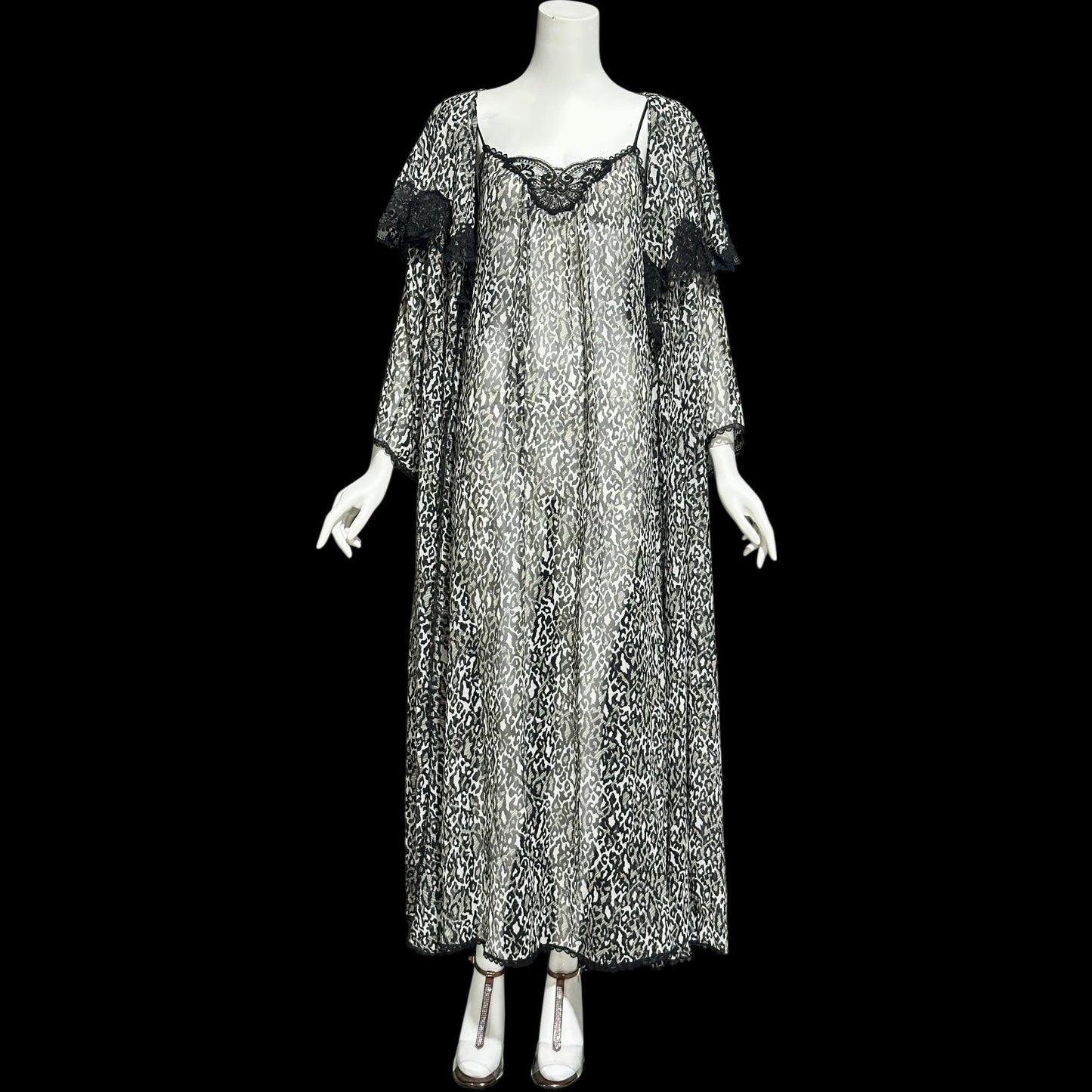 LUCIE ANN vintage 1970s nightgown robe peignoir set, black and white sheer animal print negligee slip dress set