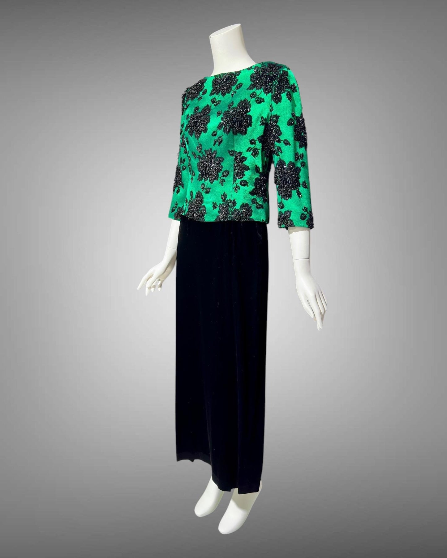 SAKS FIFTH AVE 1960s vintage evening dress, Beaded Black Velvet Green Satin 2 piece long dress