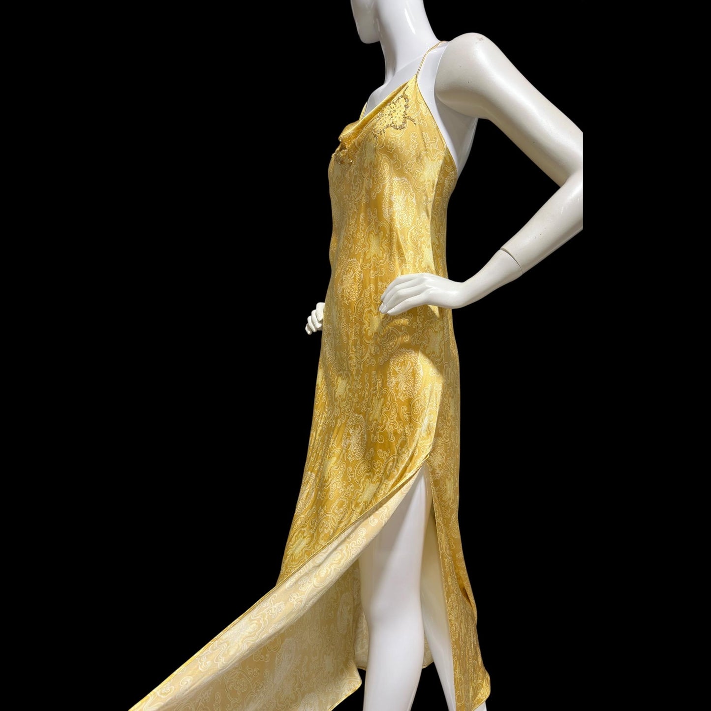 JOSIE NATORI, vintage Y2K nightgown slip dress, gold asian motif silk bias cut sequin sheath