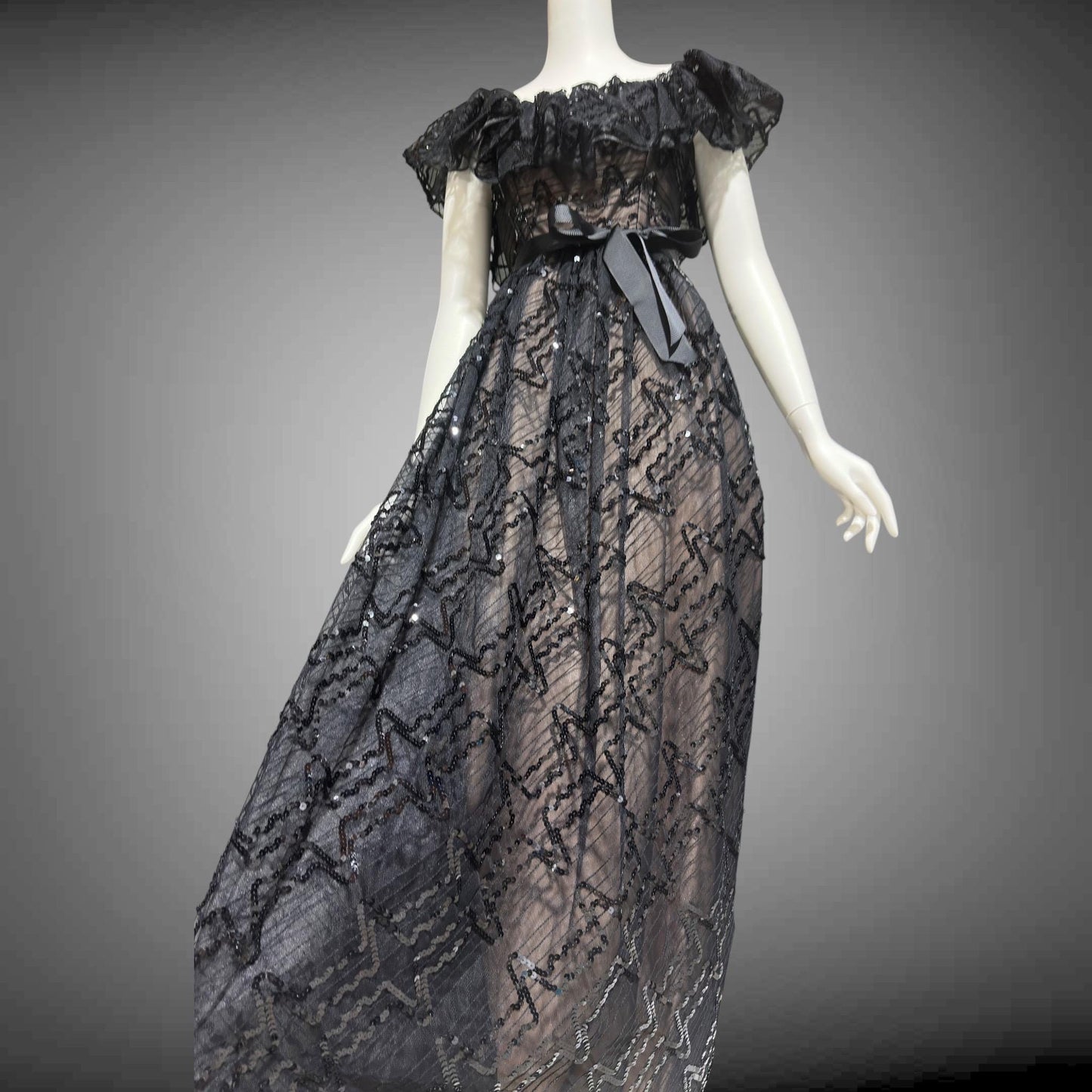 1970s vintage evening dress gown, black lace and sequin ruffled off the shoulder formal dress