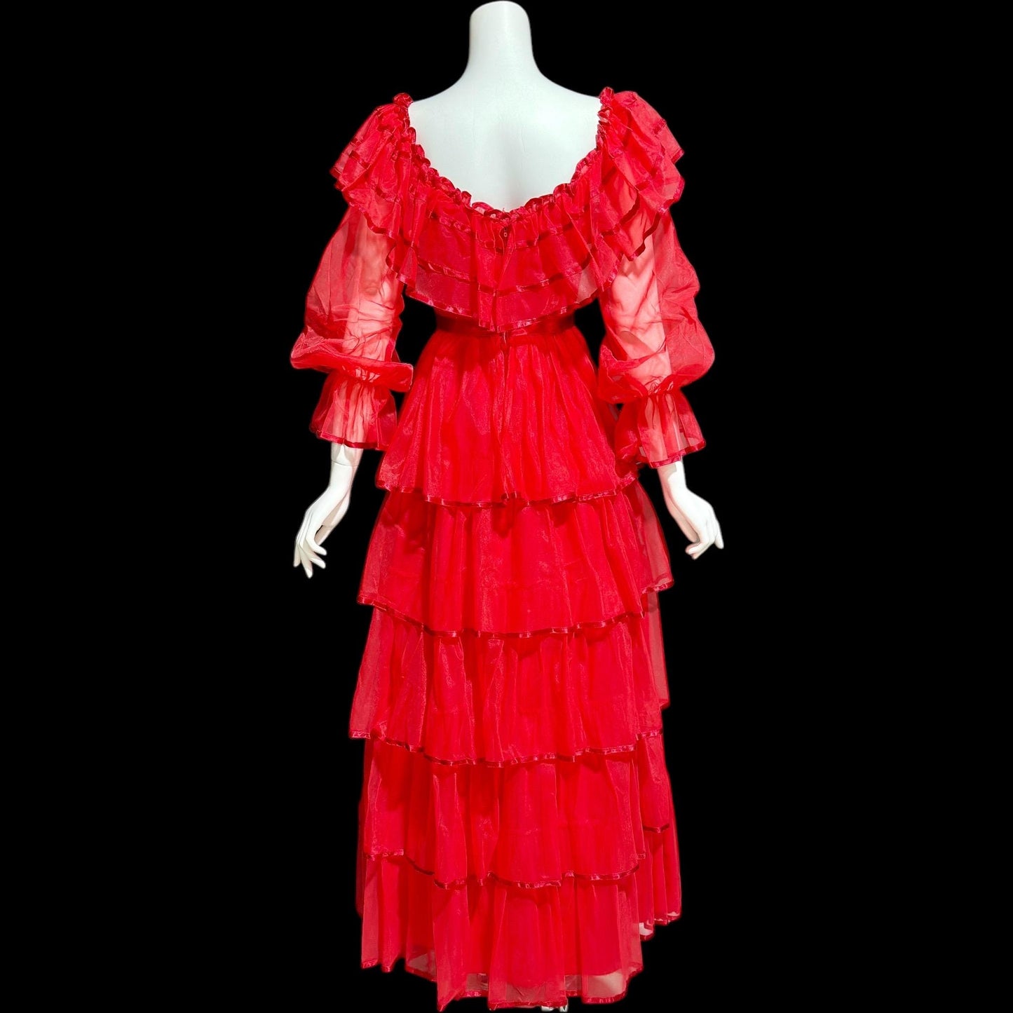 DANCE ALLURE, vintage 1980s evening dress, RED off-the-shoulder prom gown, ruffled tiered skirt