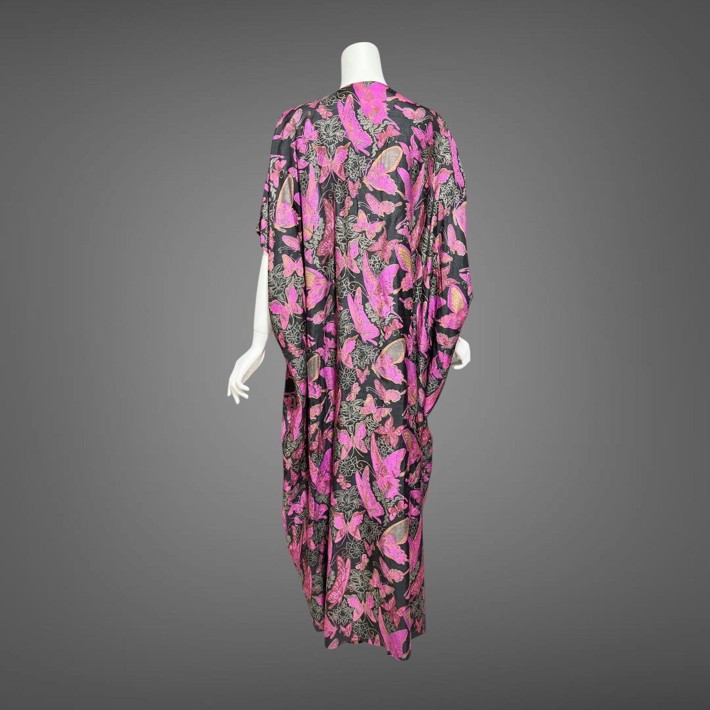 DESIGN THAI BANGKOK, vintage 1960s caftan dress, maxi party dress, hot pink butterfly print silk dress