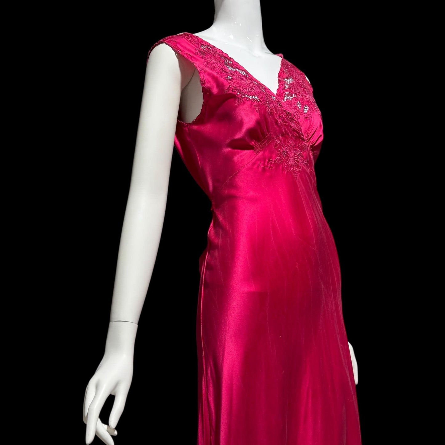 PEONY vintage 1950s Silk Nightgown Slip Dress: Made in SHANGHAI Embroidered Magenta bias cut gown