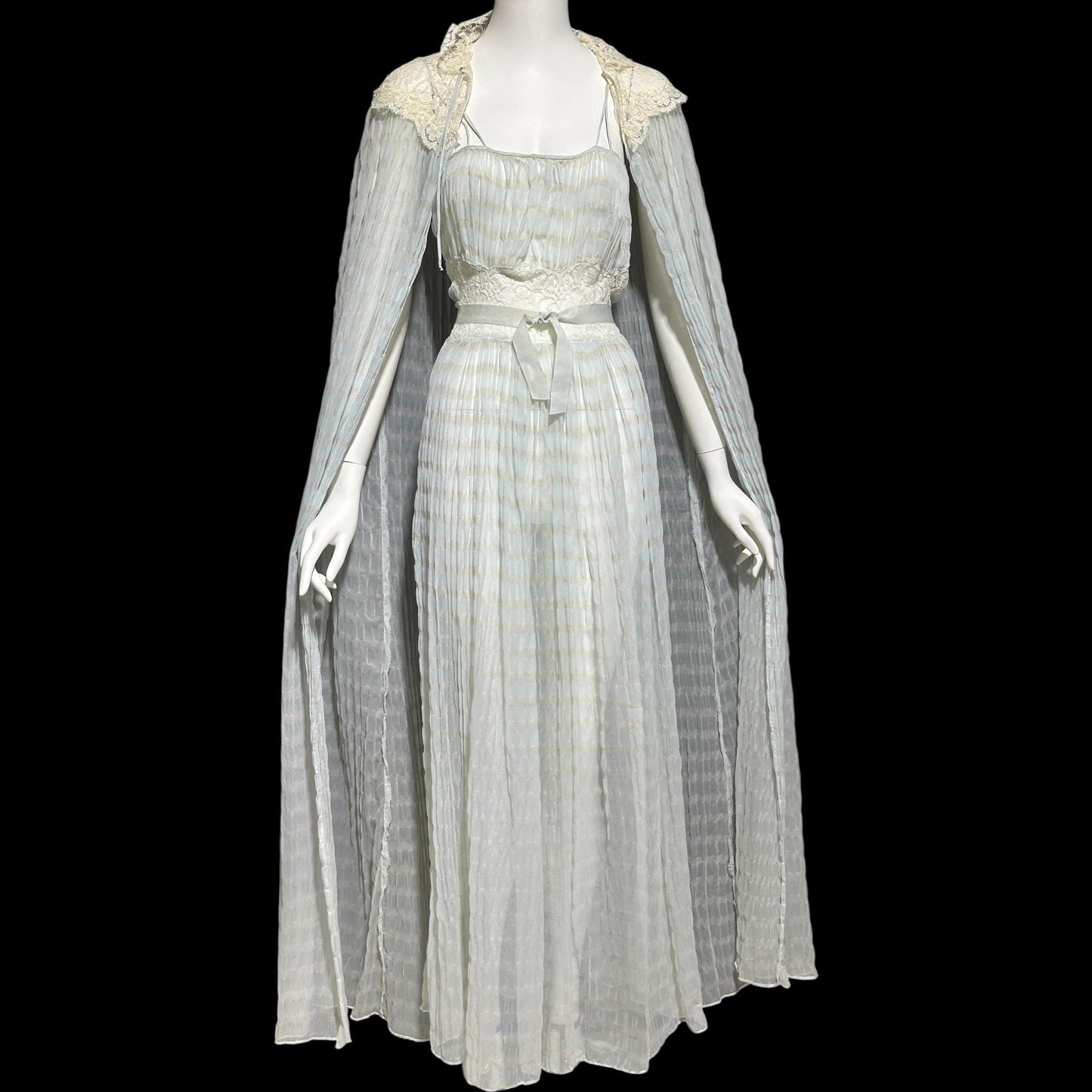 TULA, vintage 1940s nightgown robe set, powder blue striped sheer seersucker peignoir set