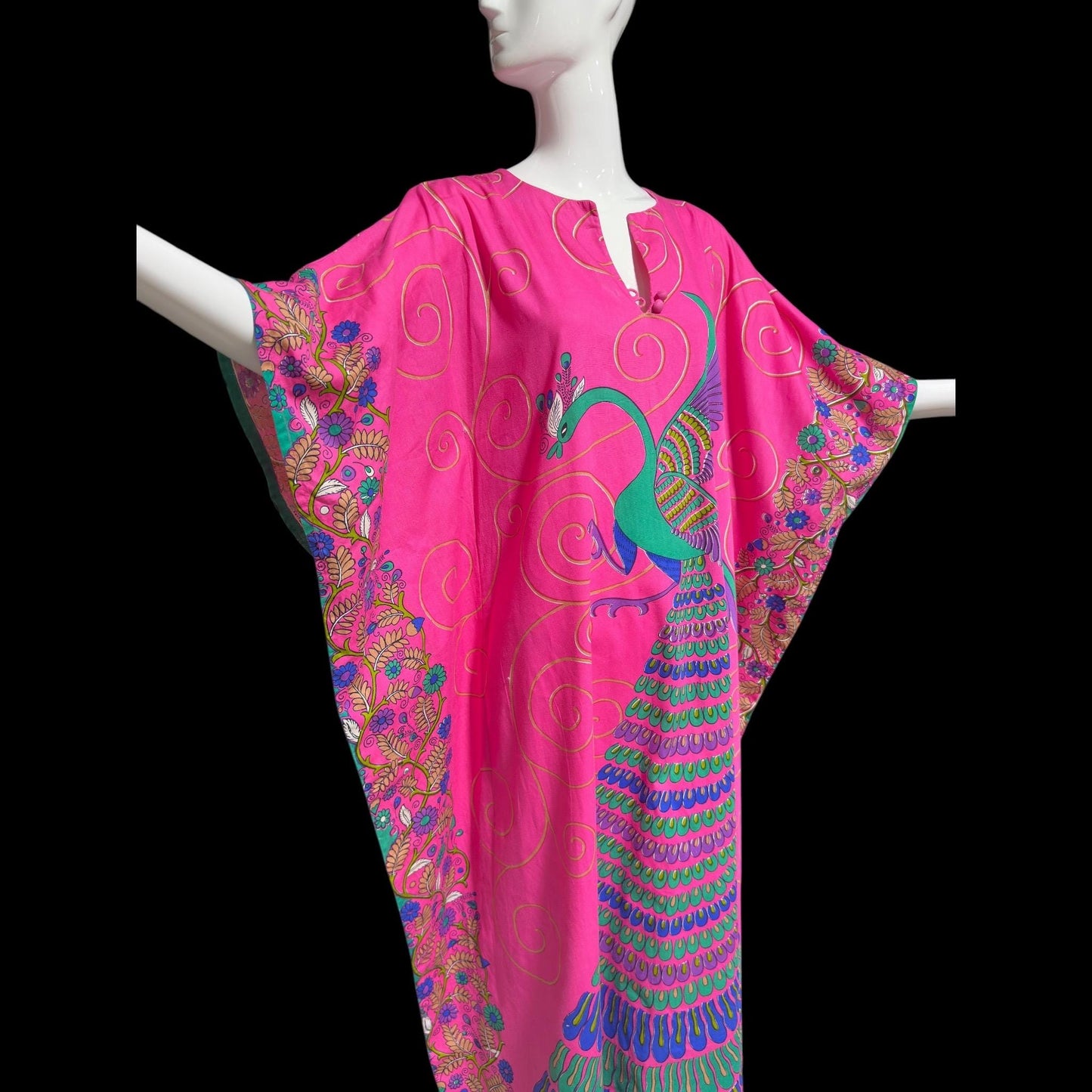NEIMAN MARCUS, vintage 1970s caftan dress, hot pink cotton, hand screened in Thailand