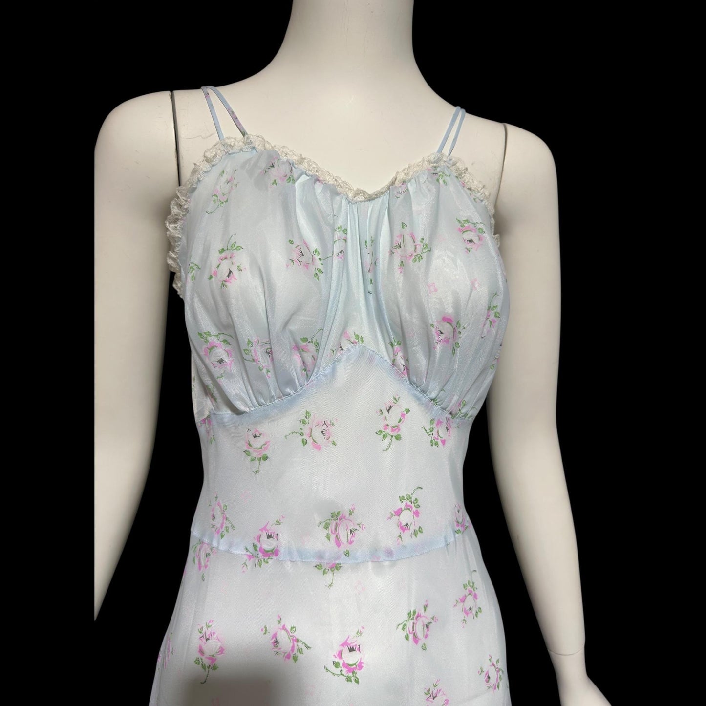 ALBERTA vintage 1940s nightgown slip dress, Sheer dusty blue with with pink rosebuds, Old Hollywood full length gown