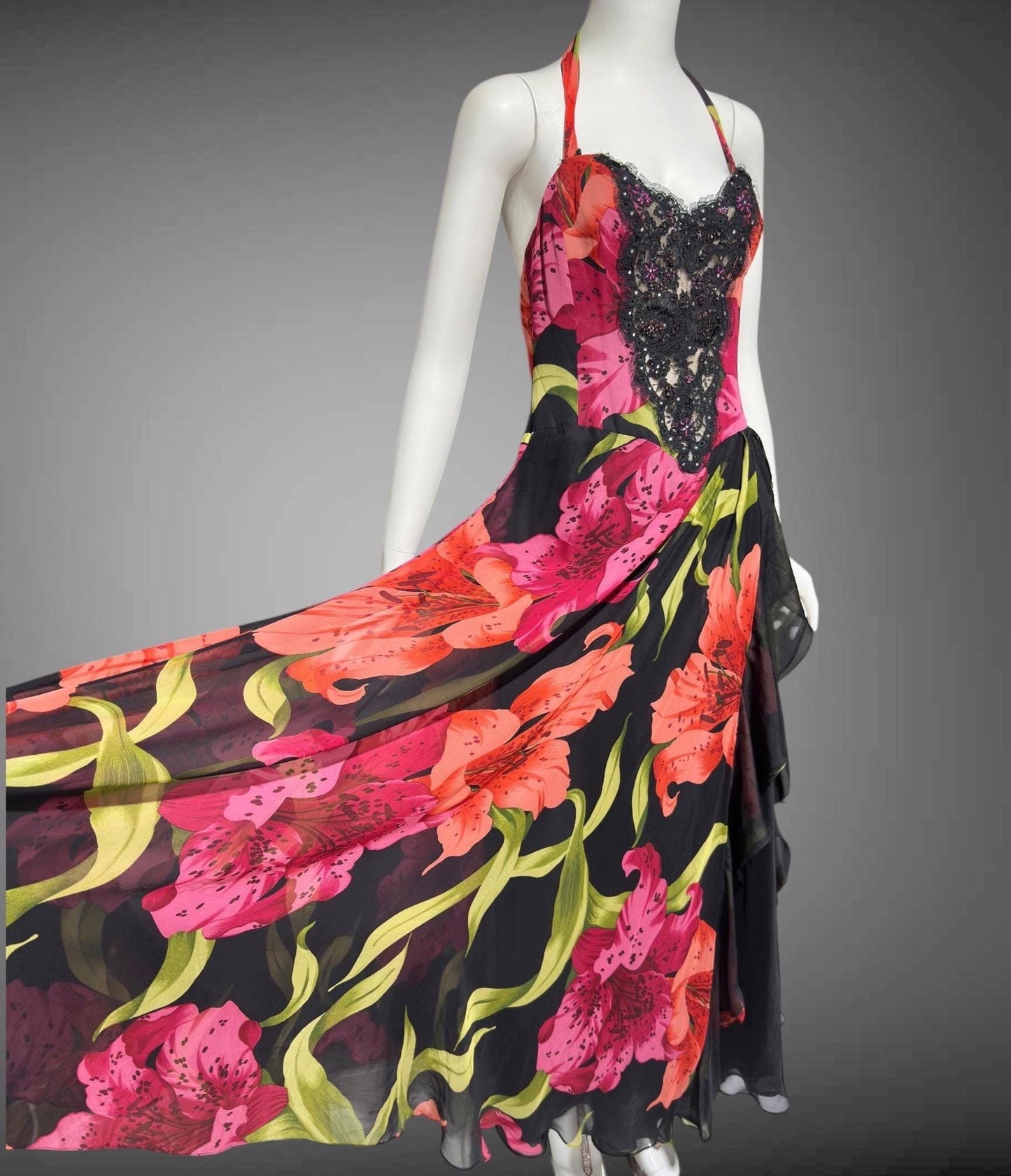 ROSE TAFT vintage 1990s evening dress gown, all silk pink and orange tiger lily floral chiffon halter gown
