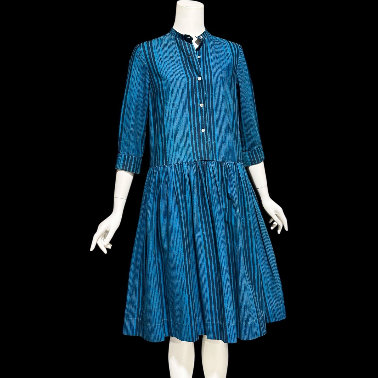MARIMEKKO vintage 1960s day dress, Suomi Finland cotton shirt dress, Blue black stripe