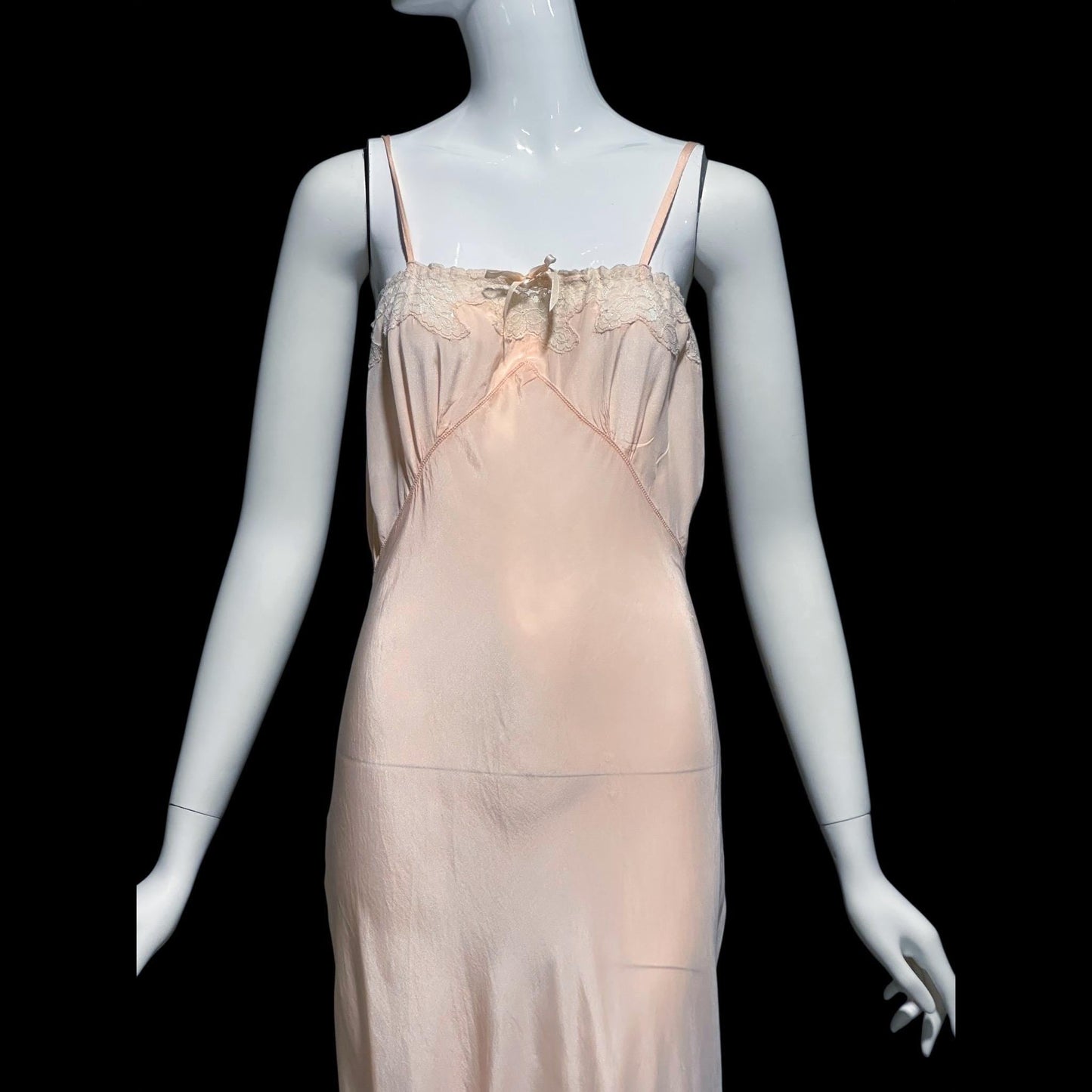 1930s vintage Pale Peachy Pink Rayon Slip Dress: Bias Cut Nightgown, Lace Trim