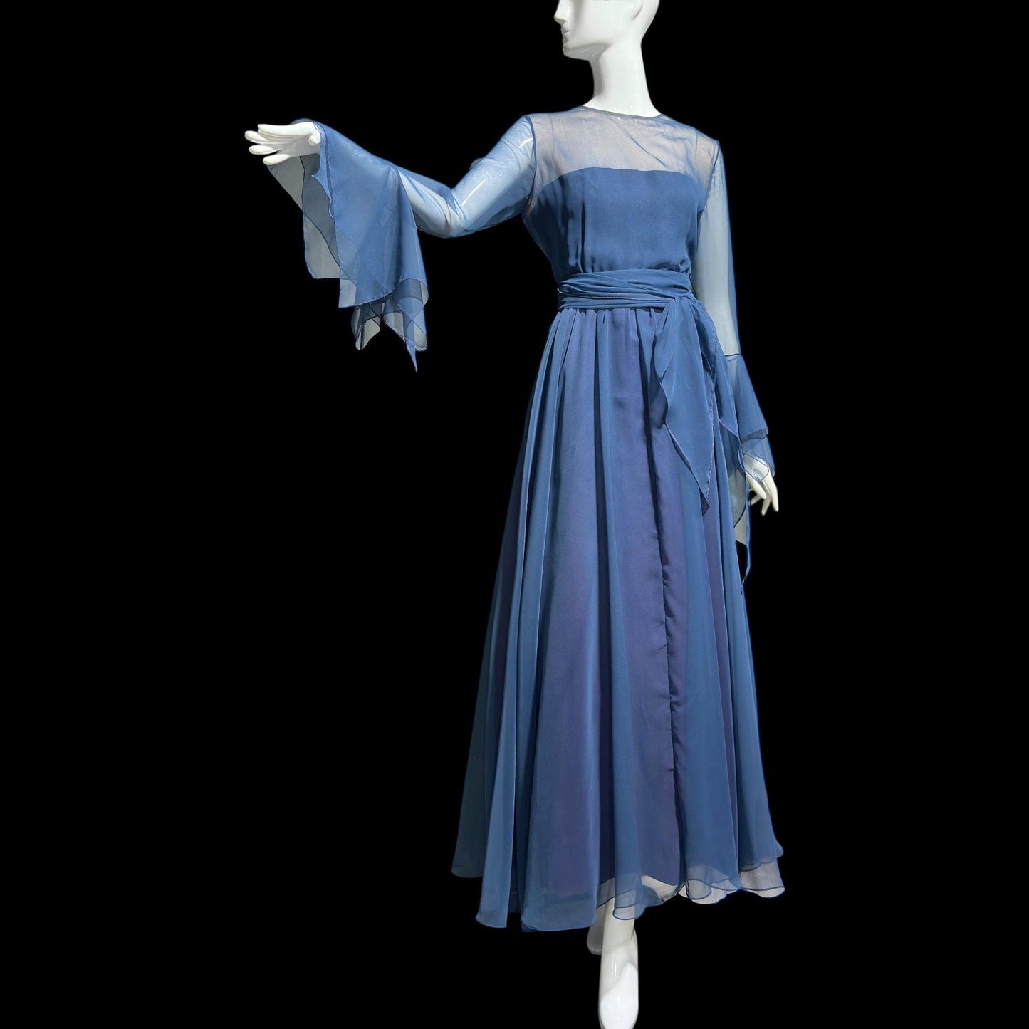 KIKI HART vintage 1960s evening dress, dusty blue poly chiffon gown, Scarf Sleeves