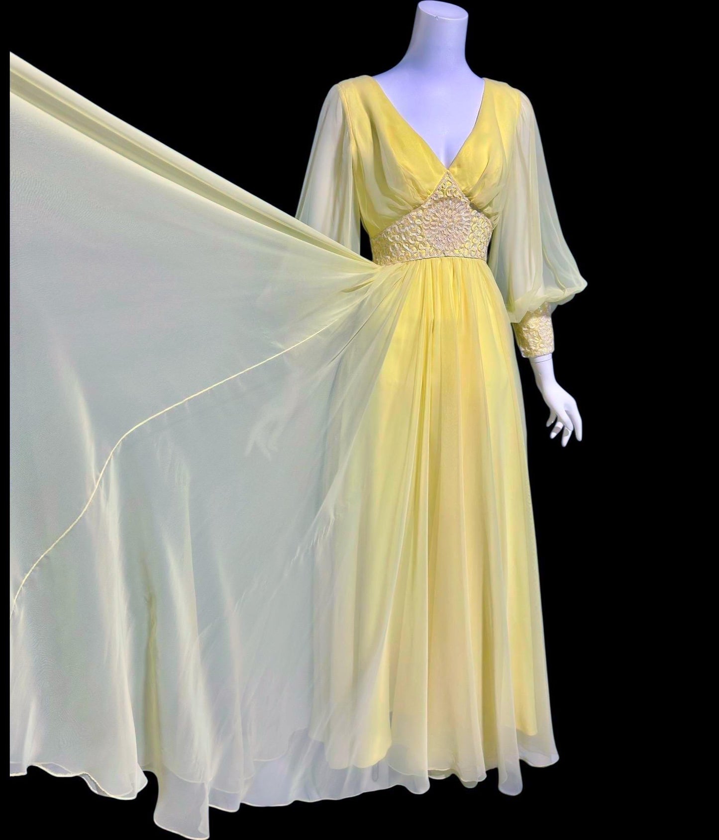 MIKE BENET, vintage 1970s evening dress, Lemon Yellow chiffon sequin formal ball gown