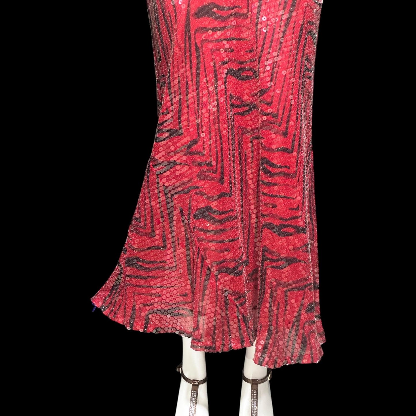 CHETTA B, vintage 1990s evening dress, Bias cut Bodycon red black tiger stripe print sheath slip maxi silk sequin gown