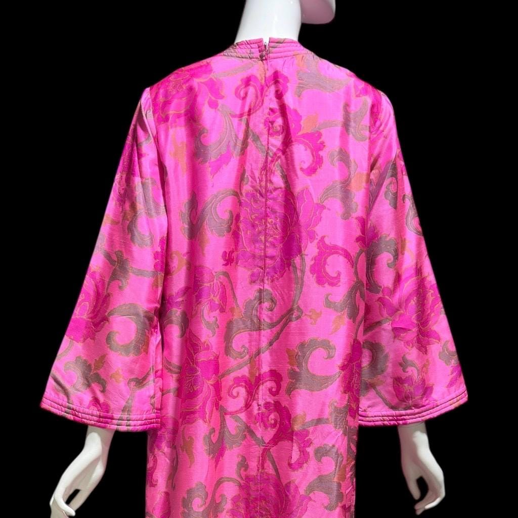 JIM THOMPSON, vintage 1960s Thai Silk caftan maxi dress, Hot pink lotus blossom floral gown, Hippie Boho Kaftan Dress