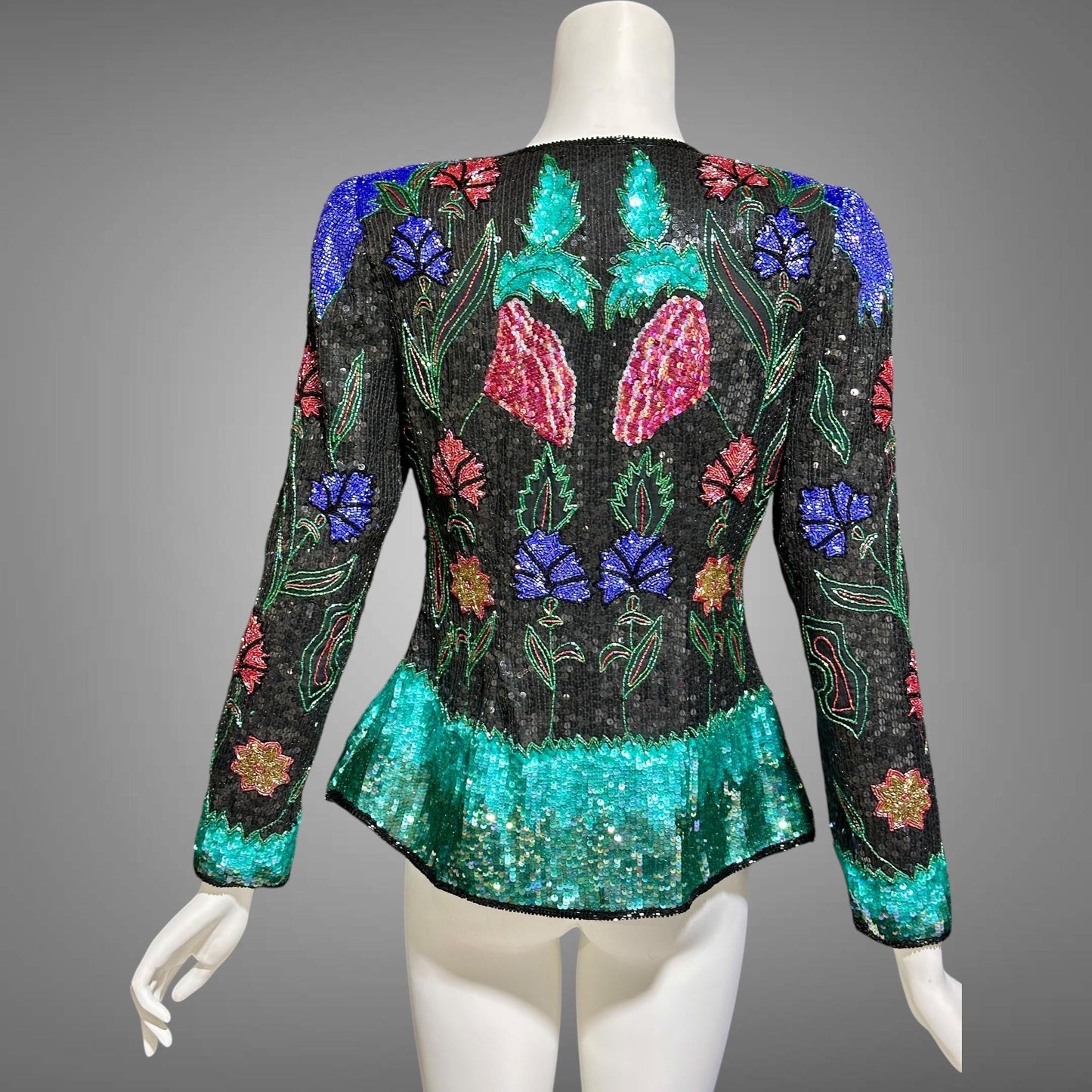1980s vintage Evening jacket, vibrant jewel tone beaded and sequins princess cut elegant cocktail party jacket blouse top