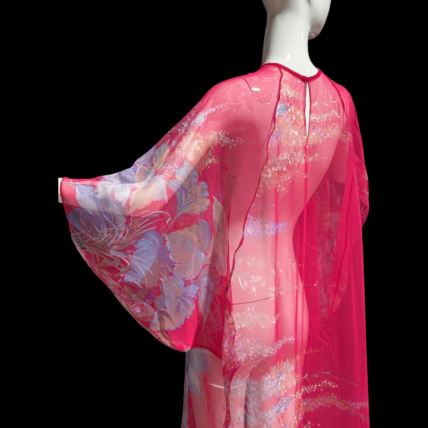 1970s Vintage sheer caftan, Sheer nylon raspberry pink with Hawaiian flowers, loose house dress, hostess gown beach coverup