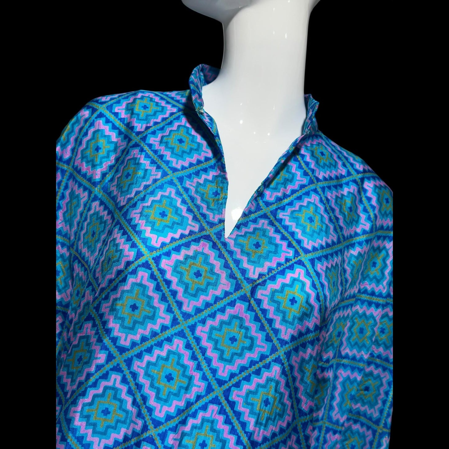 RAKSHA vintage 1970s Silk Caftan dress, Blue and green silk Hippie Boho Maxi Dress