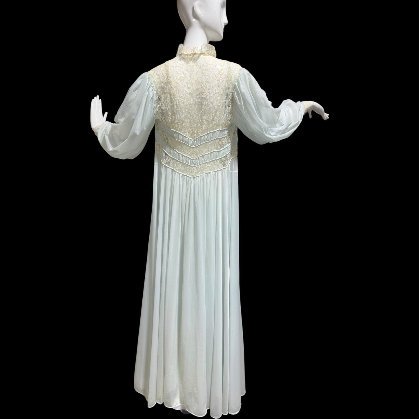 1930s Vintage nightgown robe set, sheer and ethereal blue nylon and white lace slip dress and peignoir set