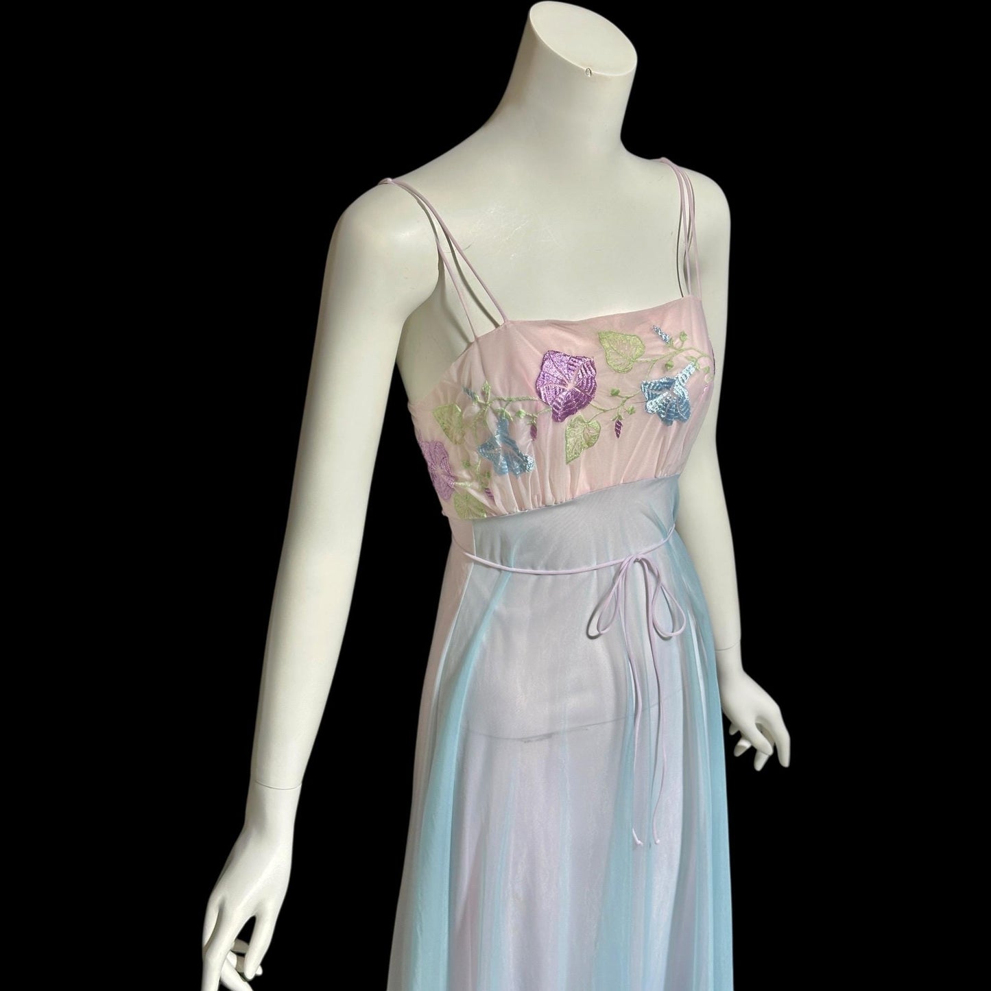 VANITY FAIR, vintage 1950s nightgown slip dress, pastel sorbet sheer chiffon embroidered goddess gown