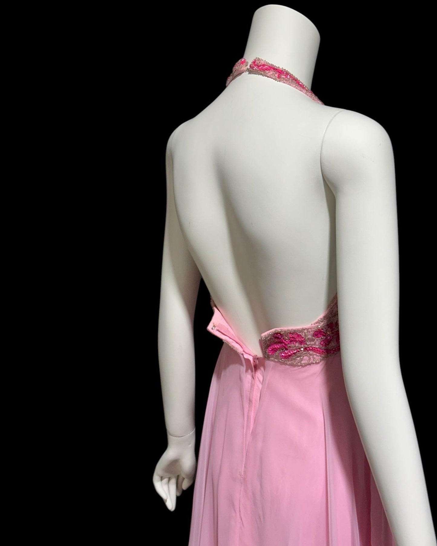 MIKE BENET evening prom dress, 1960s vintage pink chiffon beaded halter evening ball gown