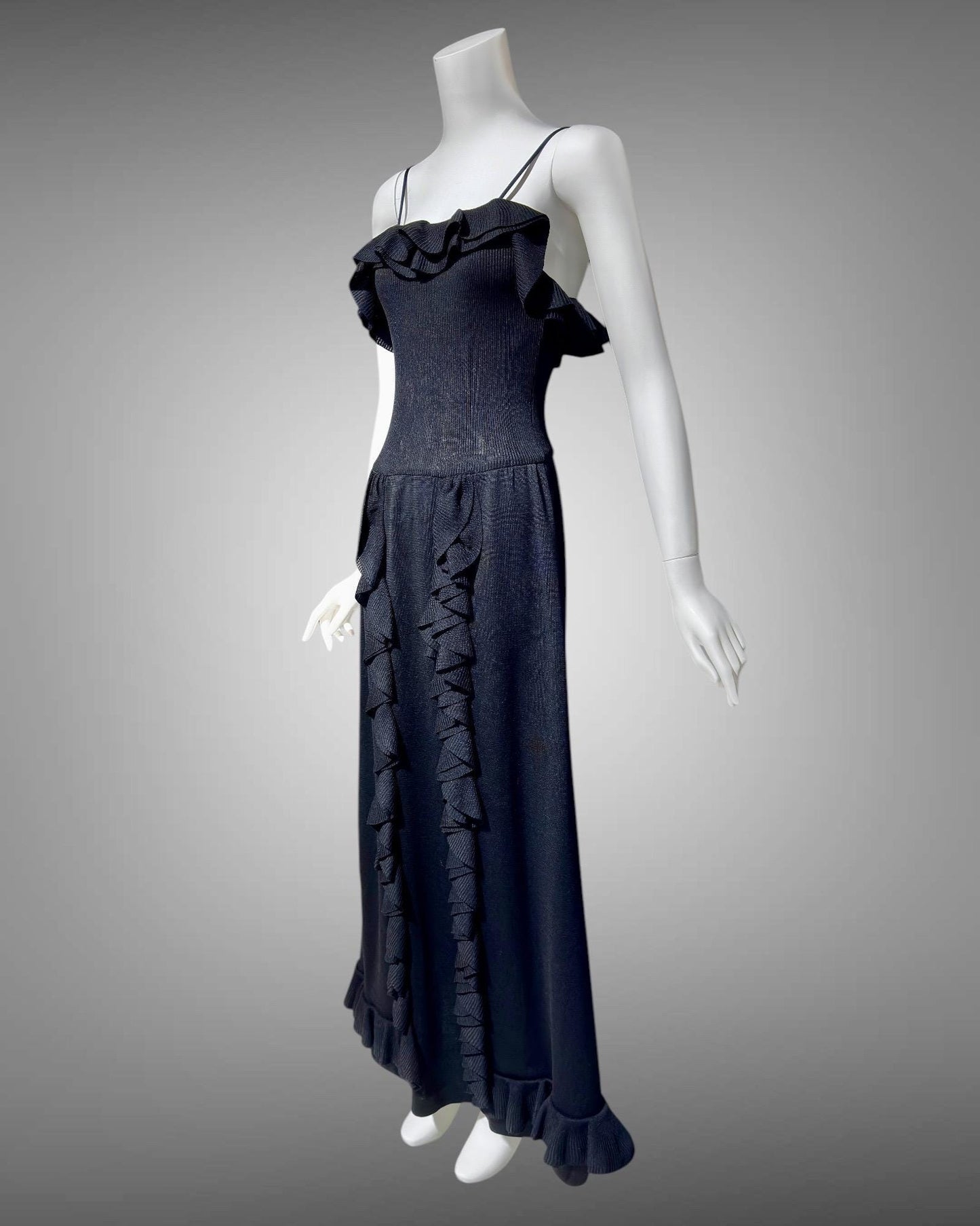 CRISSA 1970s vintage black knit ruffled slip dress, long maxi evening dress