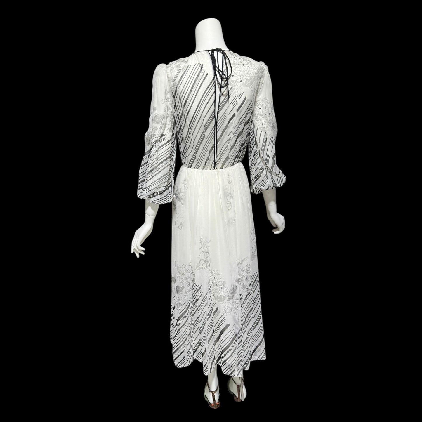 MOLLIE PARNIS by Morty Sussman, vintage 1970s evening dress, chiffon black and white floral poly chiffon gown