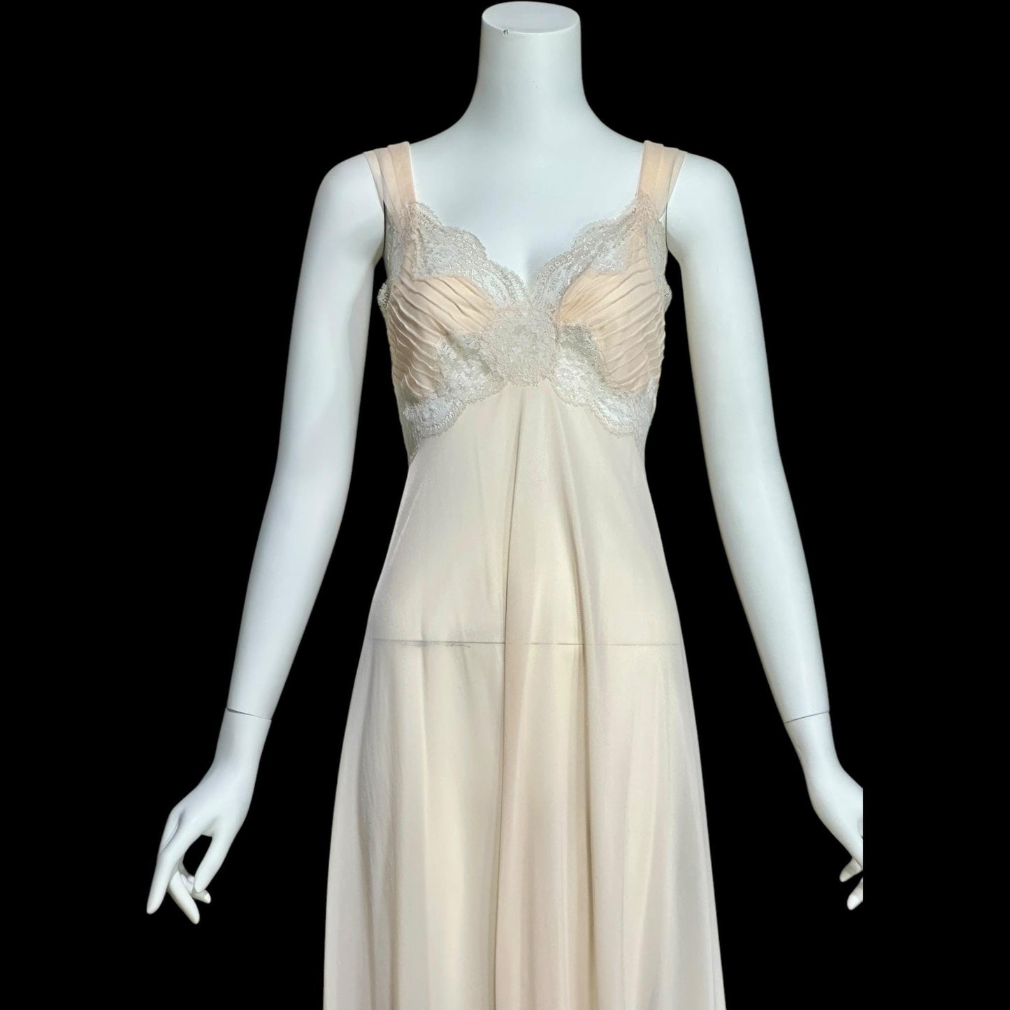 ROGERS vintage 1950s nightgown slip dress, ethereal soft peach chiffon and lace pin tucks, full length