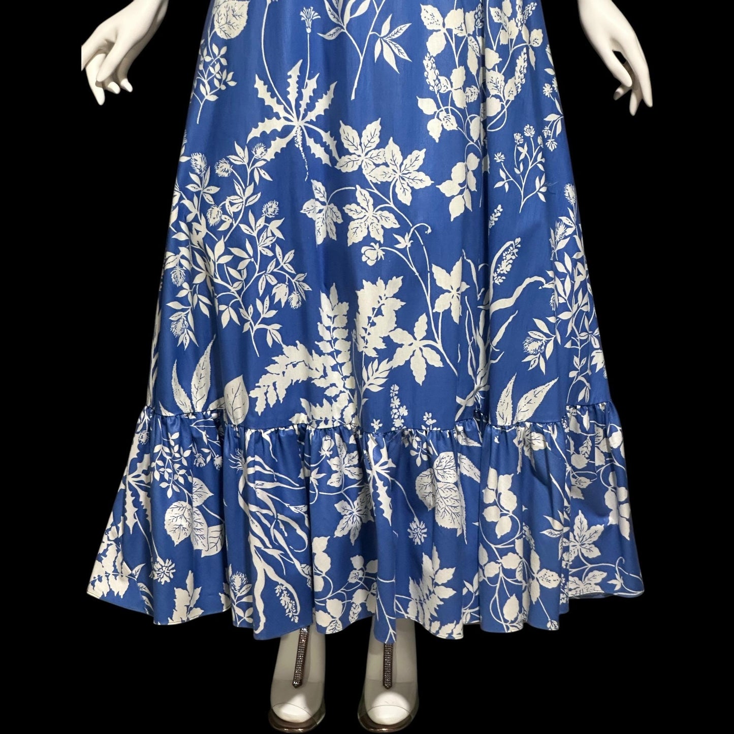 1960s vintage floral maxi dress, Blue white boho hippie halter full ruffle dress, polished cotton summer party sundress