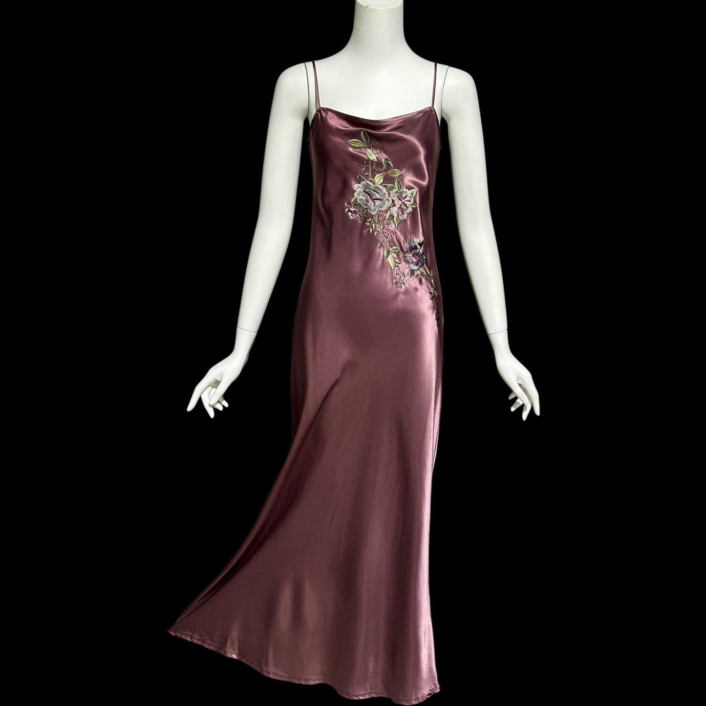 BONNIE STRAUSS vintage 1990s evening slip dress, shiny satin bias cut sheath embroidered 1940s style gown