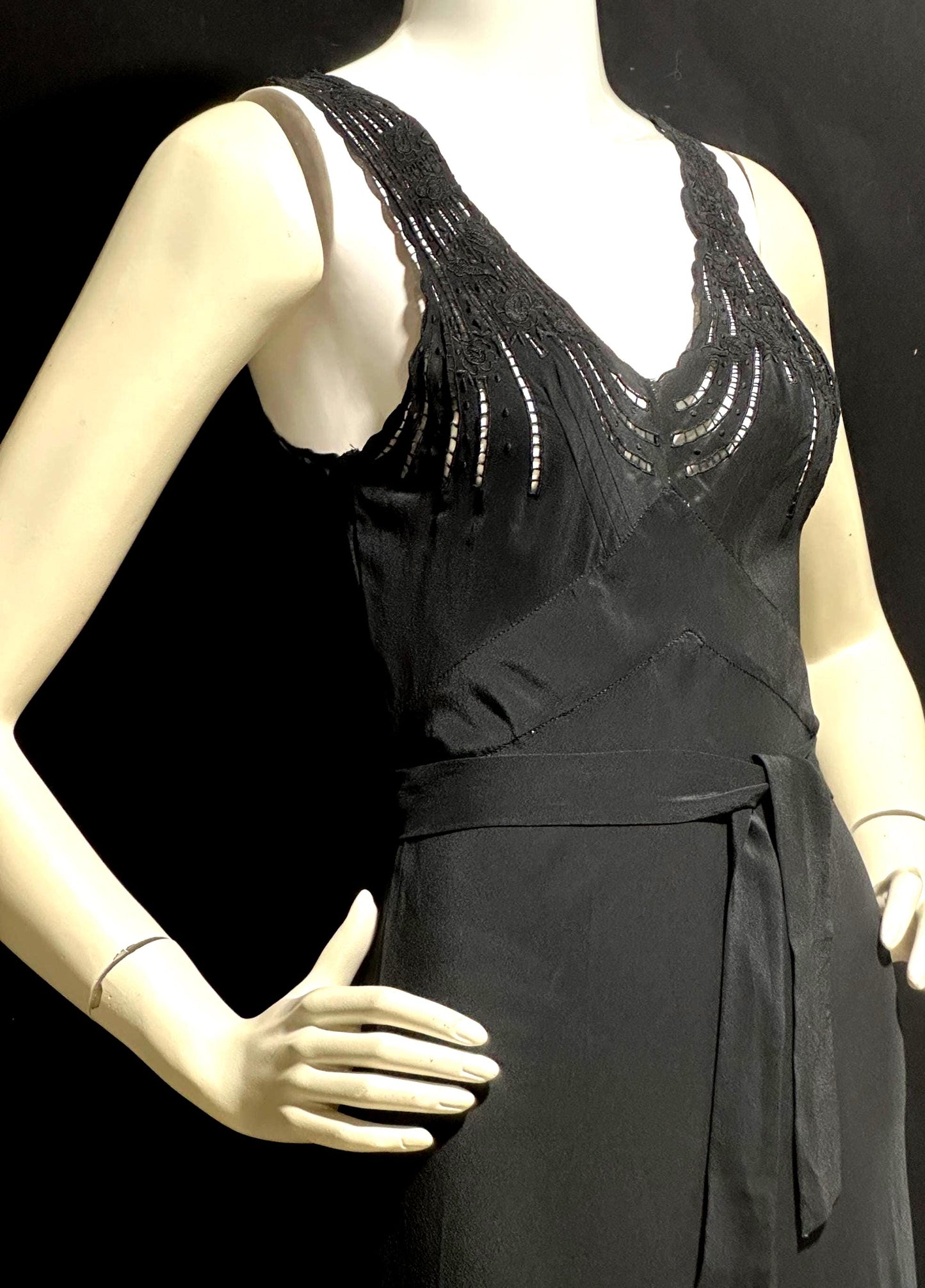 PEONY, vintage 1950s Silk Nightgown slip dress, inky black bias cut hand embroidered gown