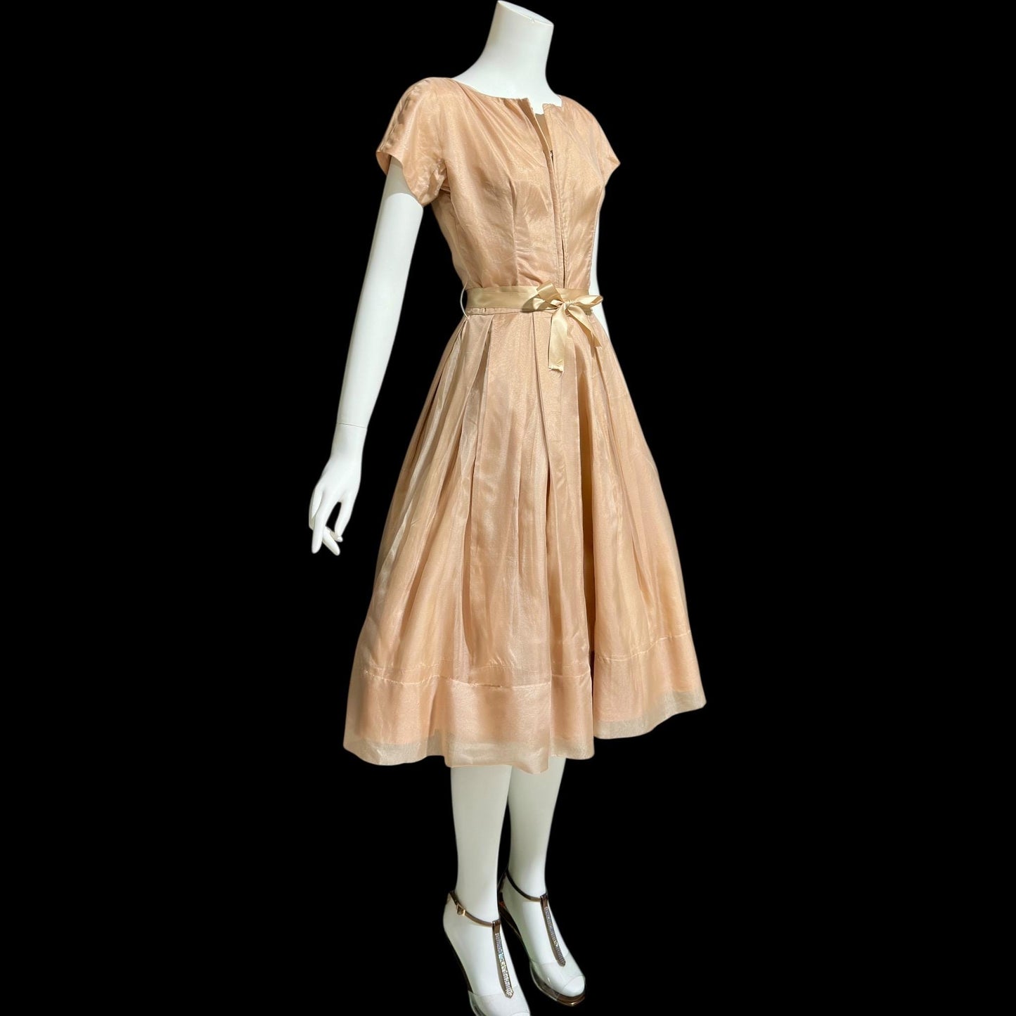 GIGI YOUNG, vintage 1950s dress, Toasty Caramel organza cocktail party dress, pleated fit & flare dress