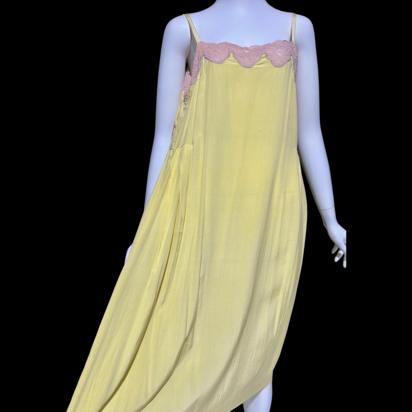 1920s vintage nightgown slip dress, canary yellow silk and pink lace shift dress
