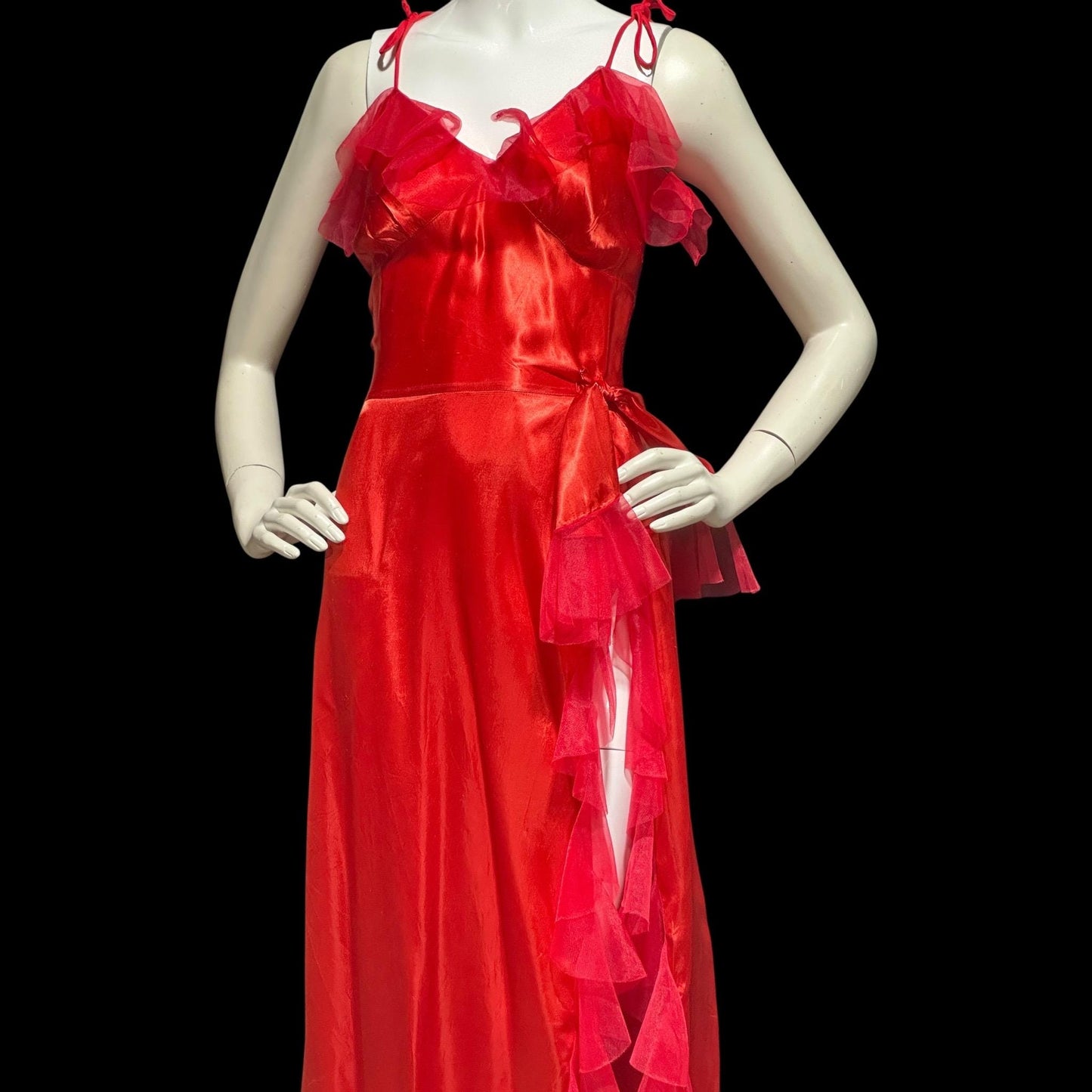 1940s vintage nightgown slip dress, Shiny lipstick red satin with a sheer mesh tulle ruffled trim