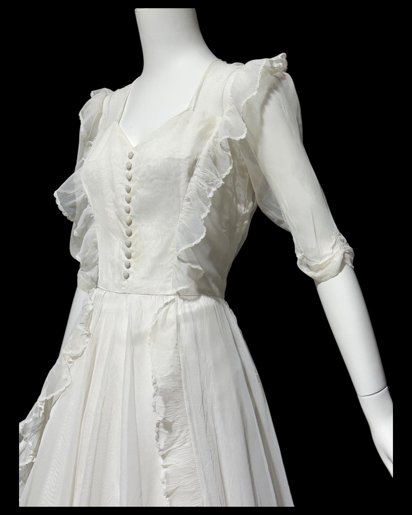 1940s vintage evening dress, White mesh ruffle wedding prom dress with full skirt