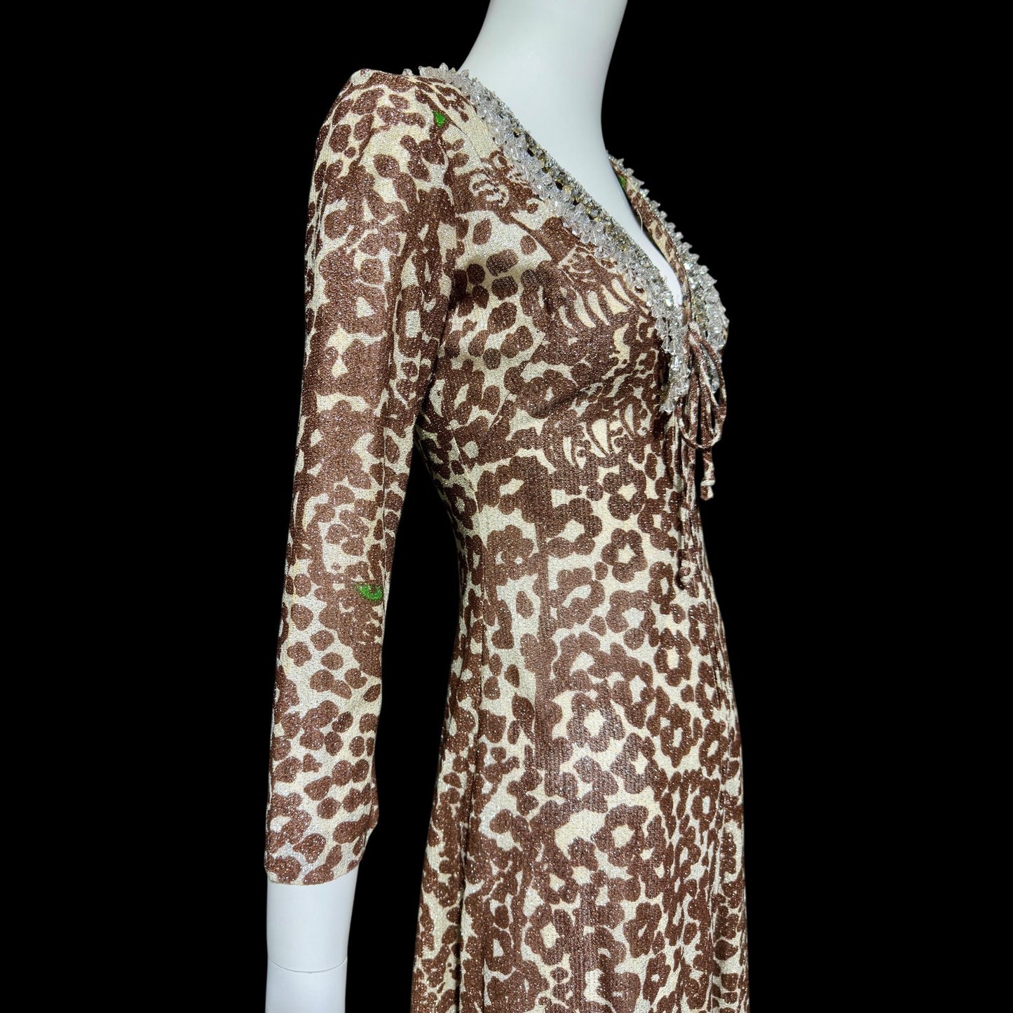 TAMMY vintage 1970s lurex maxi dress, slinky leopard animal print metallic knit party dress